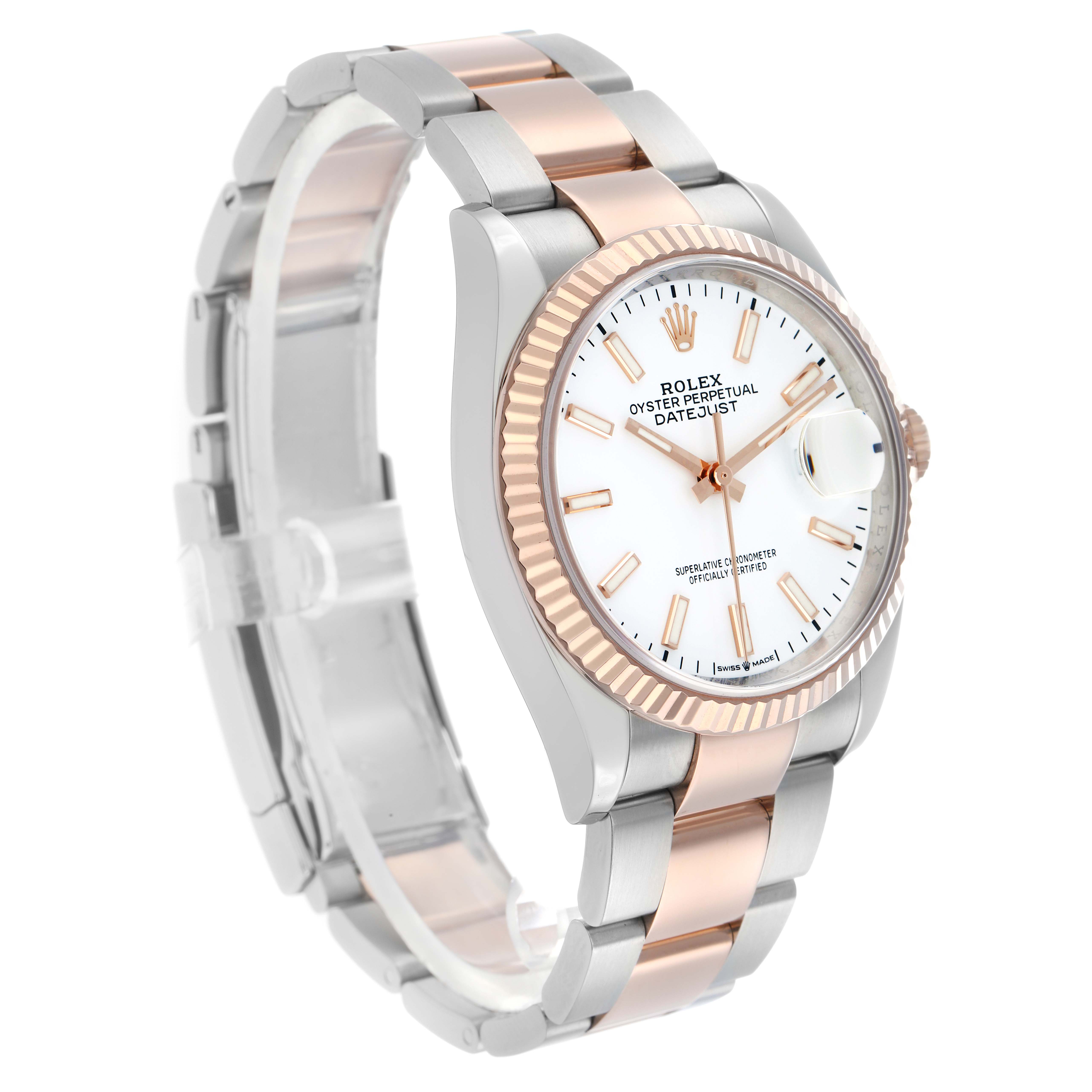 The Rolex Datejust 126231 Men's Steel and Gold (two tone) White Dial watch is shown at a three-quarter angle, highlighting the face, fluted bezel, and two-tone bracelet.