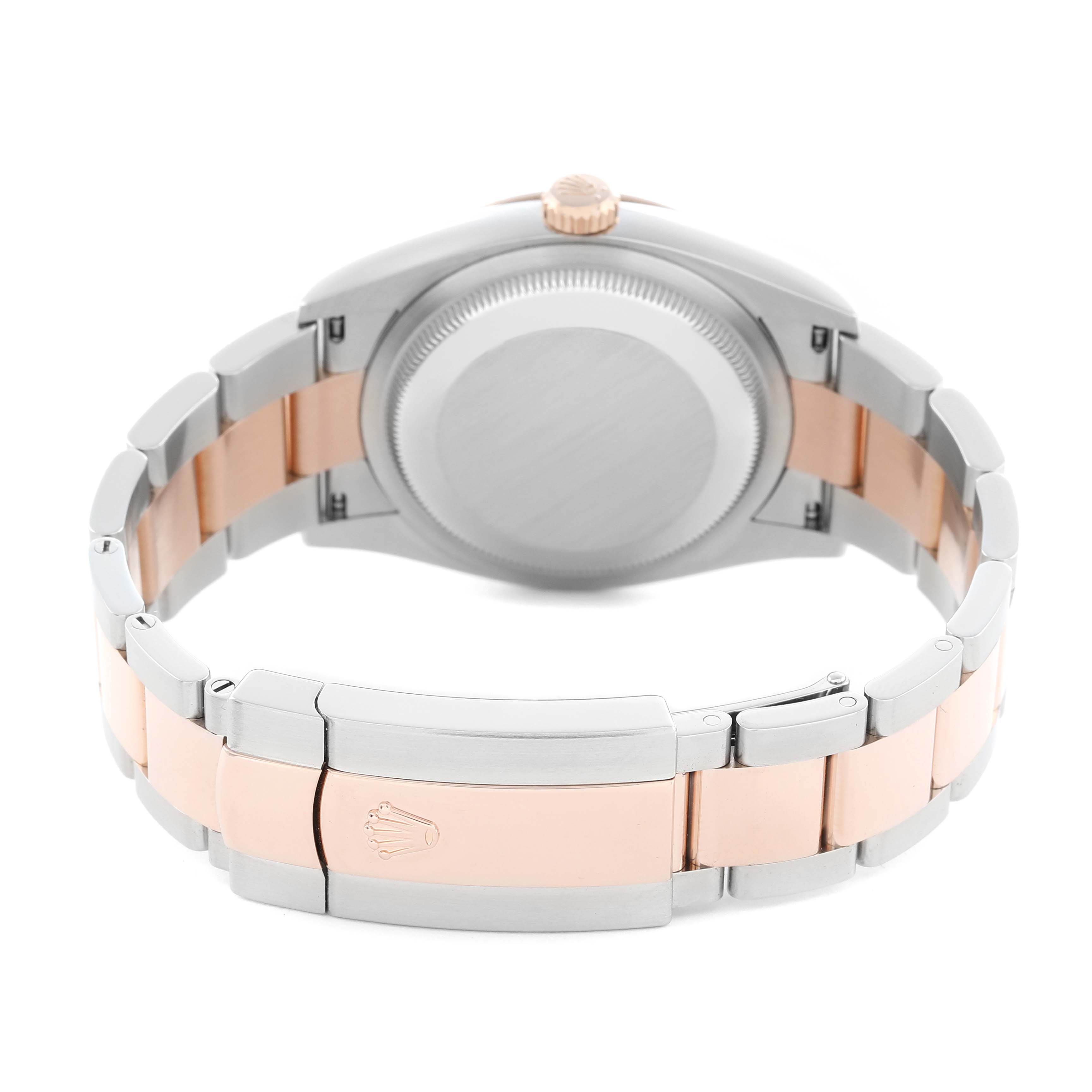 The image shows the back and bracelet of a Rolex Datejust 126231 Men's Steel and Gold (two tone) White Dial, featuring a two-tone design with the clasp visible.