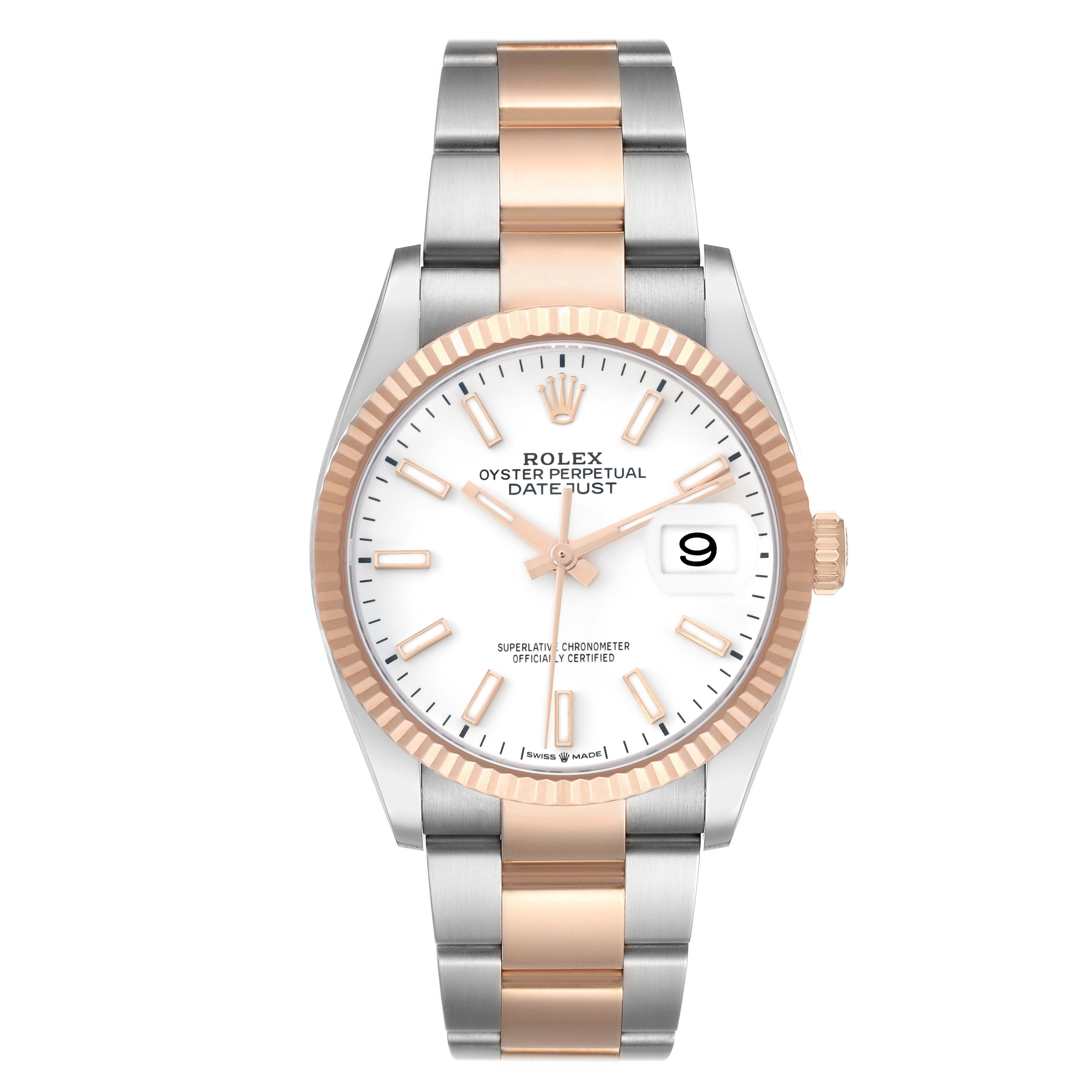 The Rolex Datejust 126231 Men's Steel and Gold (two tone) White Dial watch is shown from a front angle, displaying the bezel, dial, and bracelet.