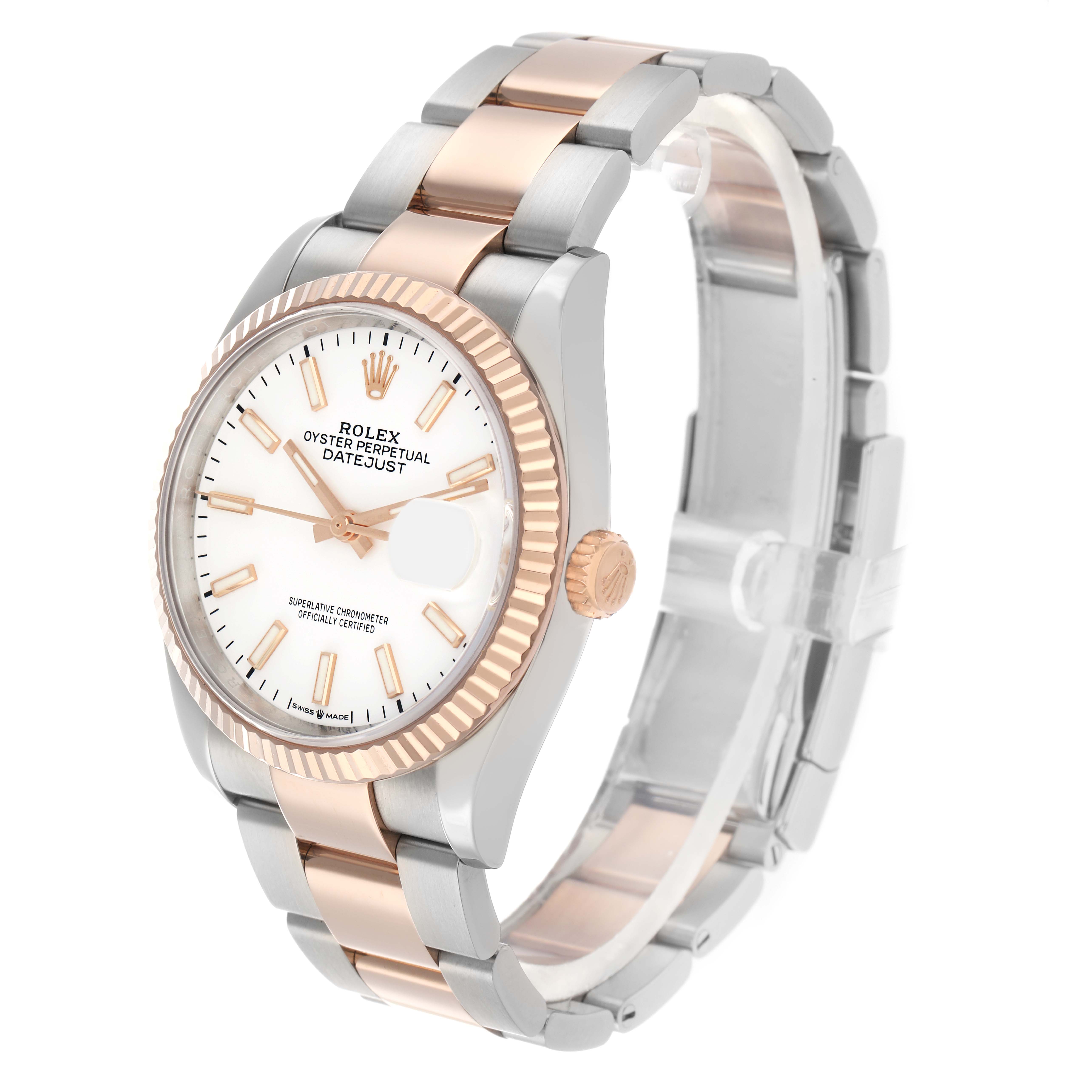 The Rolex Datejust 126231 Men's Steel and Gold (two tone) White Dial watch is shown at a front angle, highlighting its dial, bezel, crown, and two-tone bracelet.