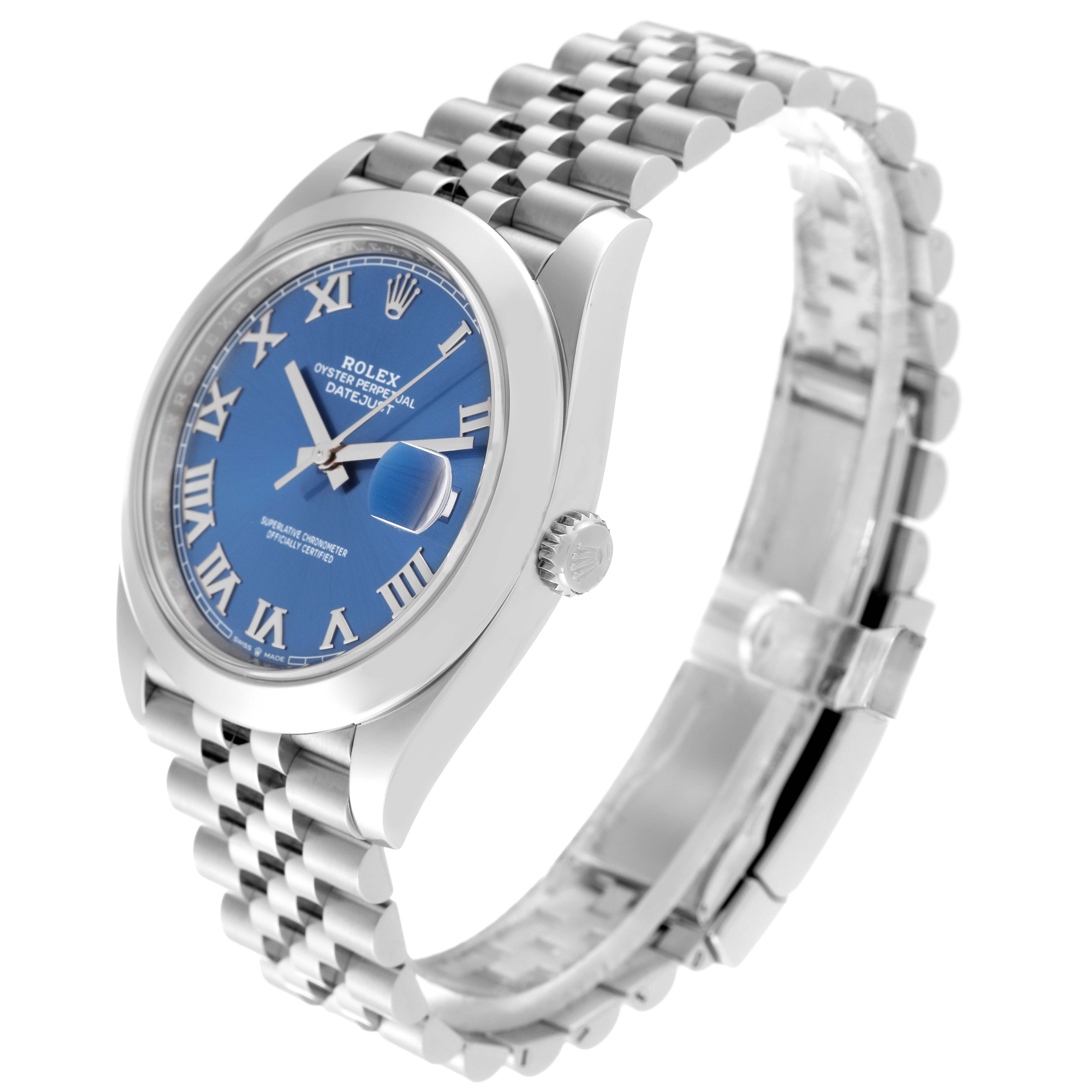 The Rolex Datejust 41 126300 Men's Stainless Steel Blue Dial 126300 Men's Stainless Steel Blue Dial watch is displayed at an angled view showing its blue dial, case, crown, and jubilee bracelet.