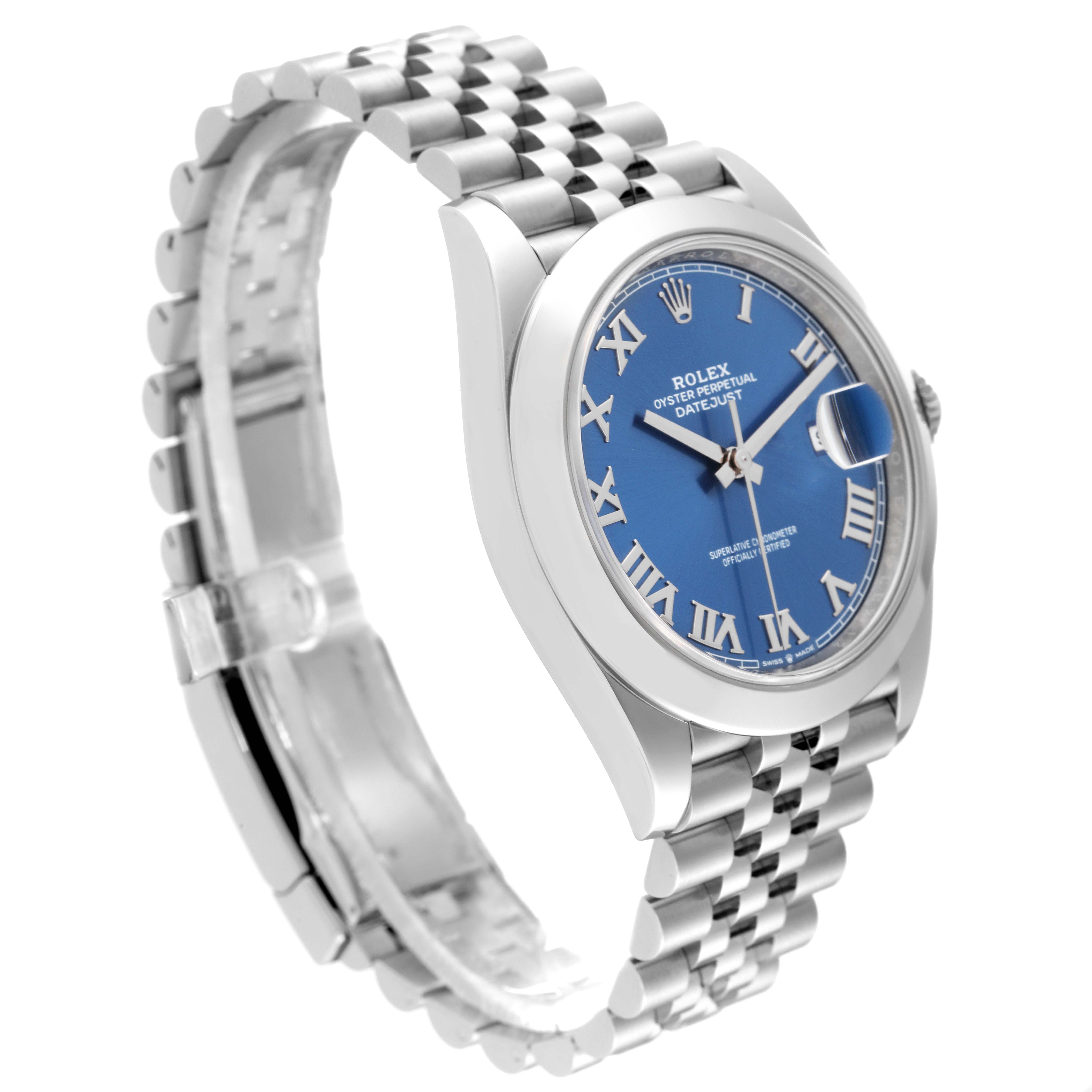 The image shows a side view of a Rolex Datejust 41 126300 Men's Stainless Steel Blue Dial 126300 Men's Stainless Steel Blue Dial watch, highlighting its blue dial, Roman numerals, and Jubilee bracelet.