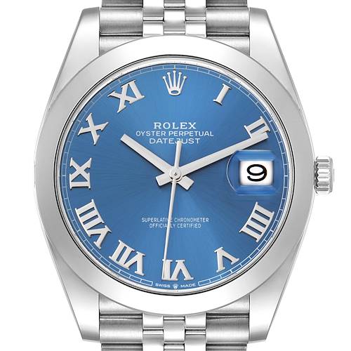 The image shows a front view of the Rolex Datejust 41 watch, highlighting its blue dial, Roman numerals, and date window.