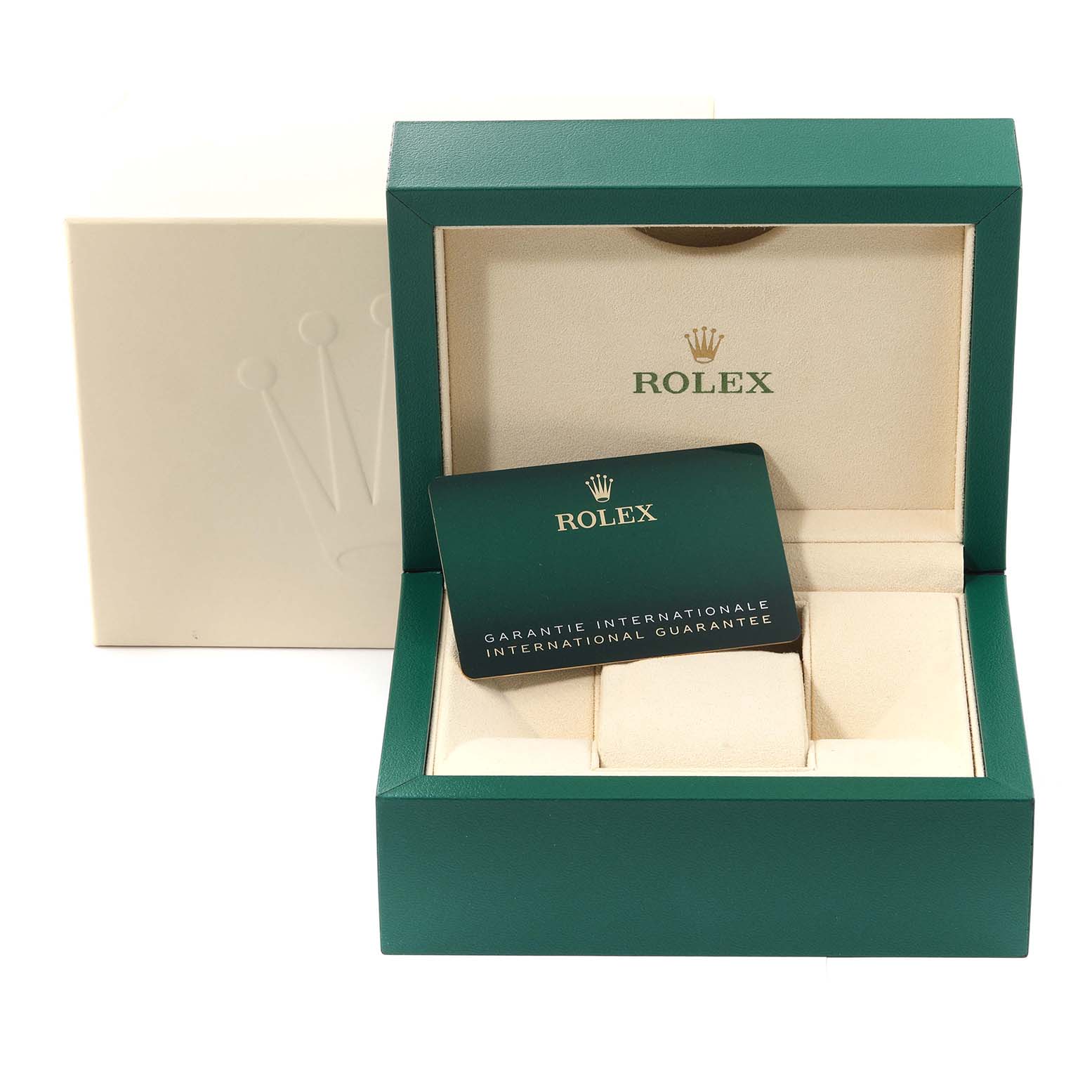 The image shows the Rolex Datejust 41 126300 Men's Stainless Steel Blue Dial 126300 Men's Stainless Steel Blue Dial watch box, guarantee card, and inner cushion holder from a front angle.