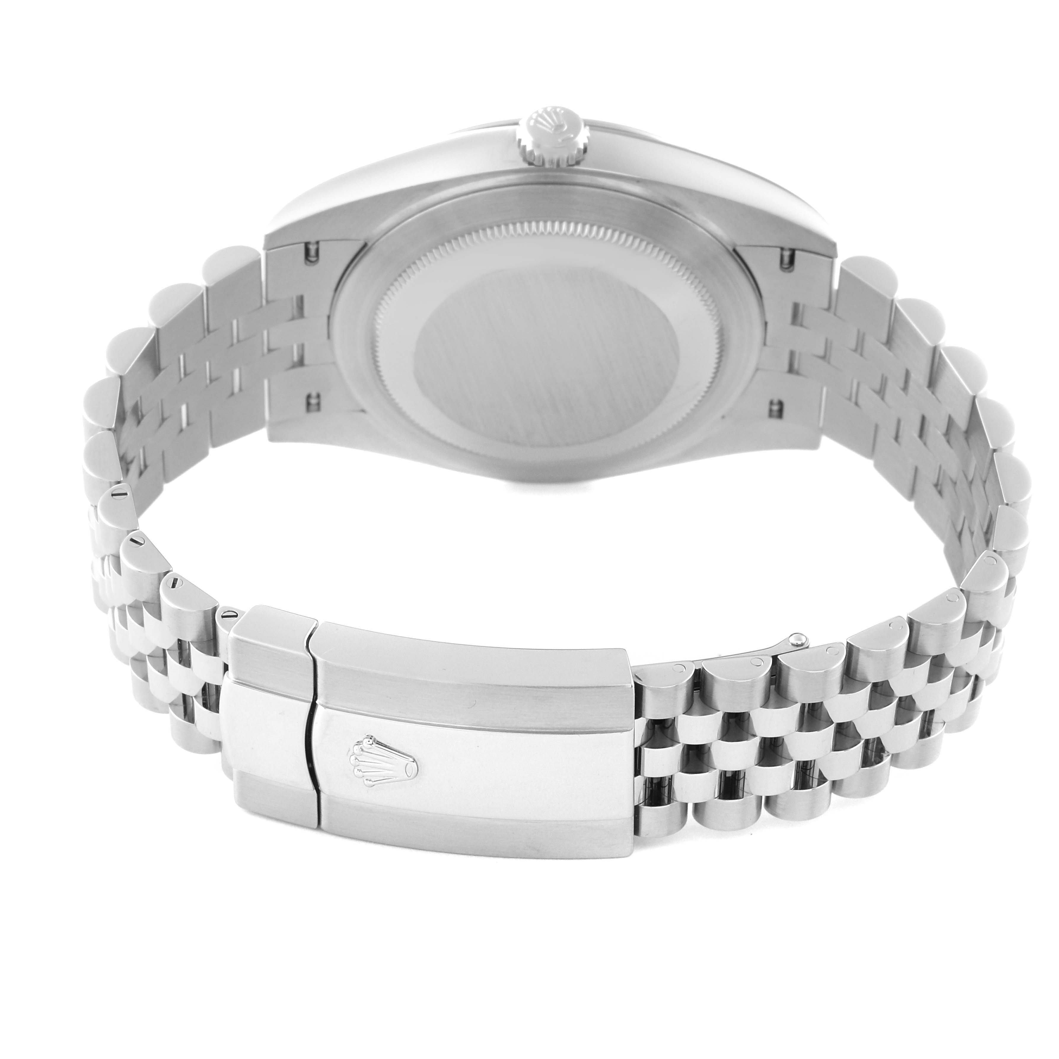 This image shows the back case and bracelet of a Rolex Datejust 41 126300 Men's Stainless Steel Blue Dial 126300 Men's Stainless Steel Blue Dial watch from a rear angle.