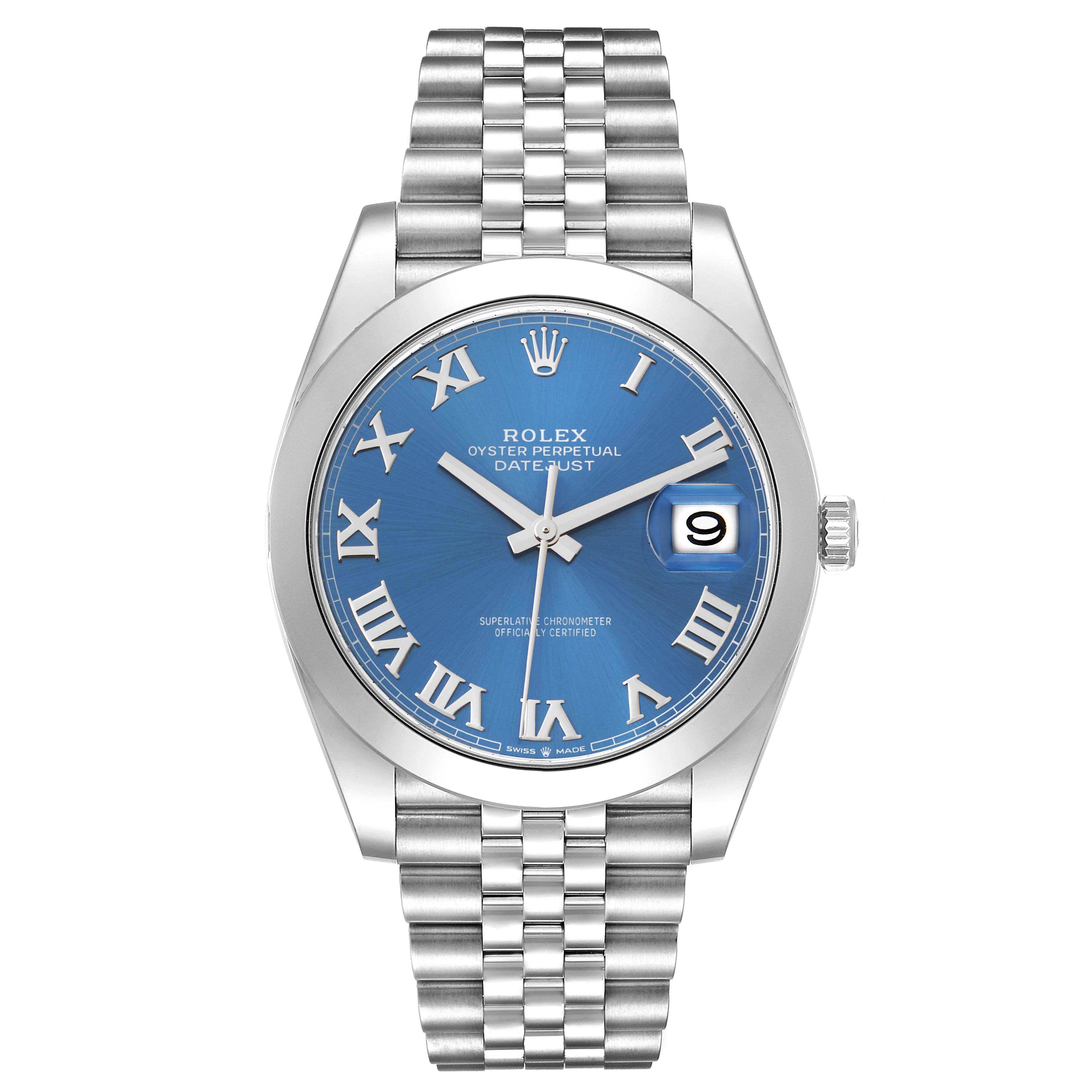 This image shows a frontal view of the Rolex Datejust 41 126300 Men's Stainless Steel Blue Dial 126300 Men's Stainless Steel Blue Dial watch, featuring a blue dial with Roman numerals and a jubilee bracelet.