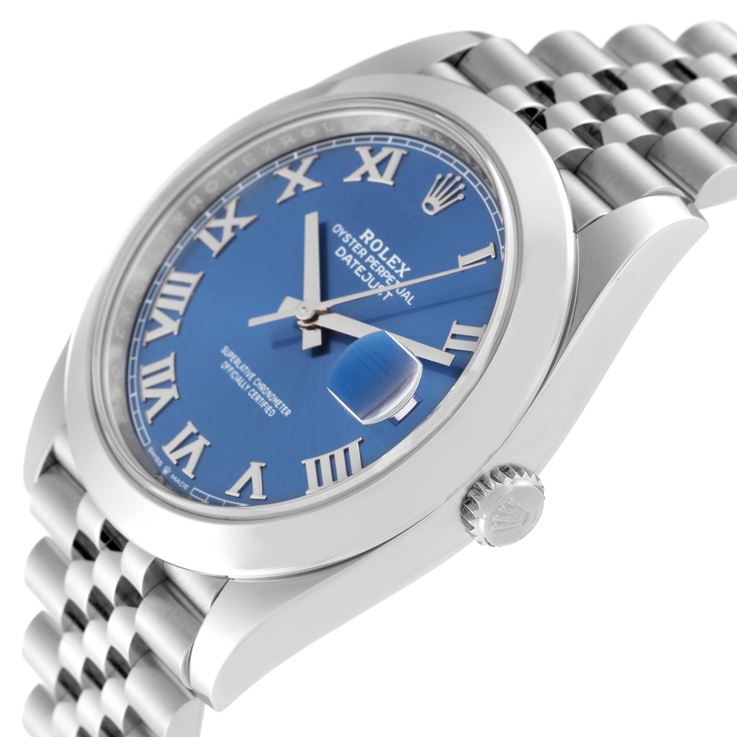 The image shows a side angle of the Rolex Datejust 41 126300 Men's Stainless Steel Blue Dial 126300 Men's Stainless Steel Blue Dial watch, displaying the dial, crown, and bracelet.