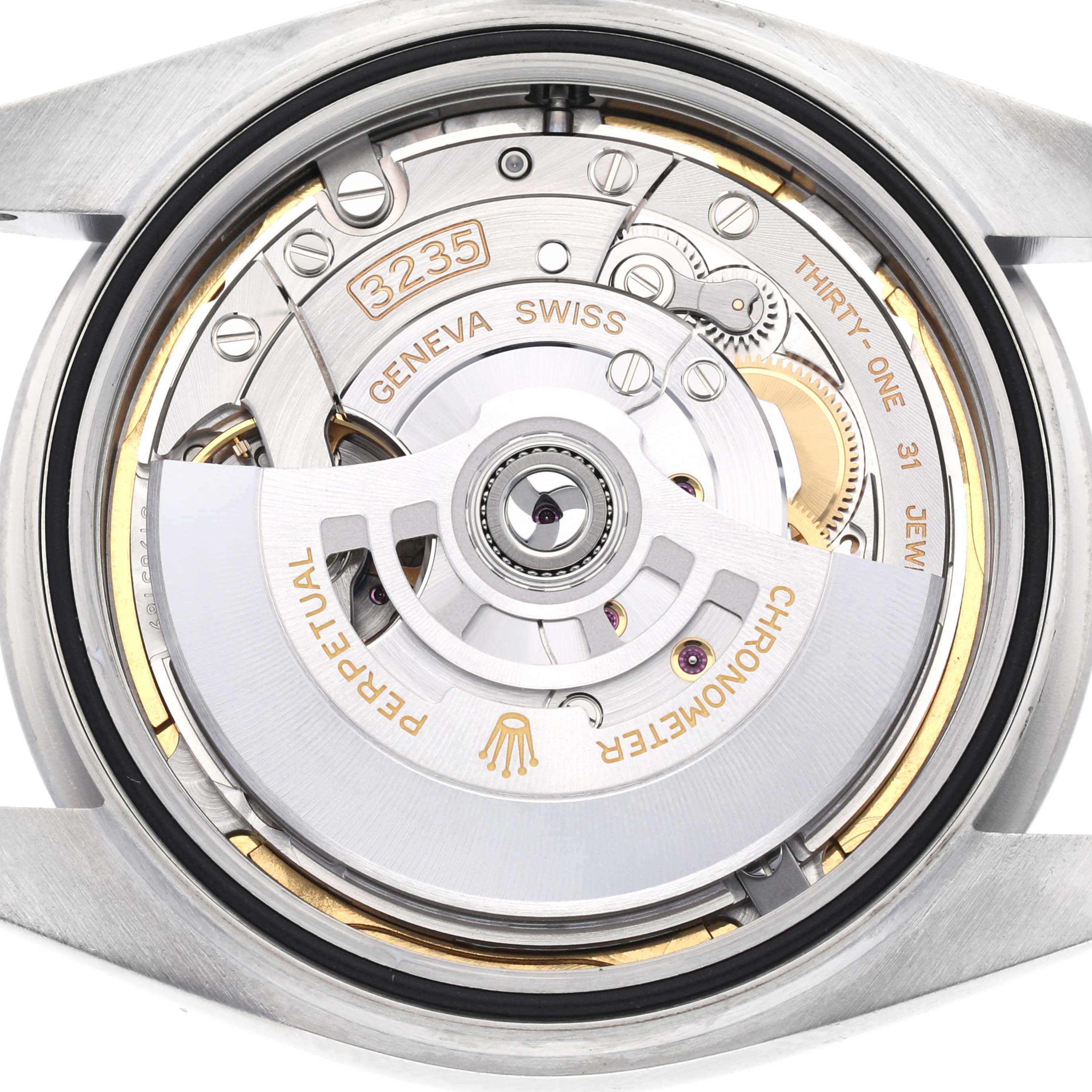 The image shows the movement and inner mechanism of a Rolex Datejust 41 126300 Men's Stainless Steel Blue Dial 126300 Men's Stainless Steel Blue Dial watch from the back.