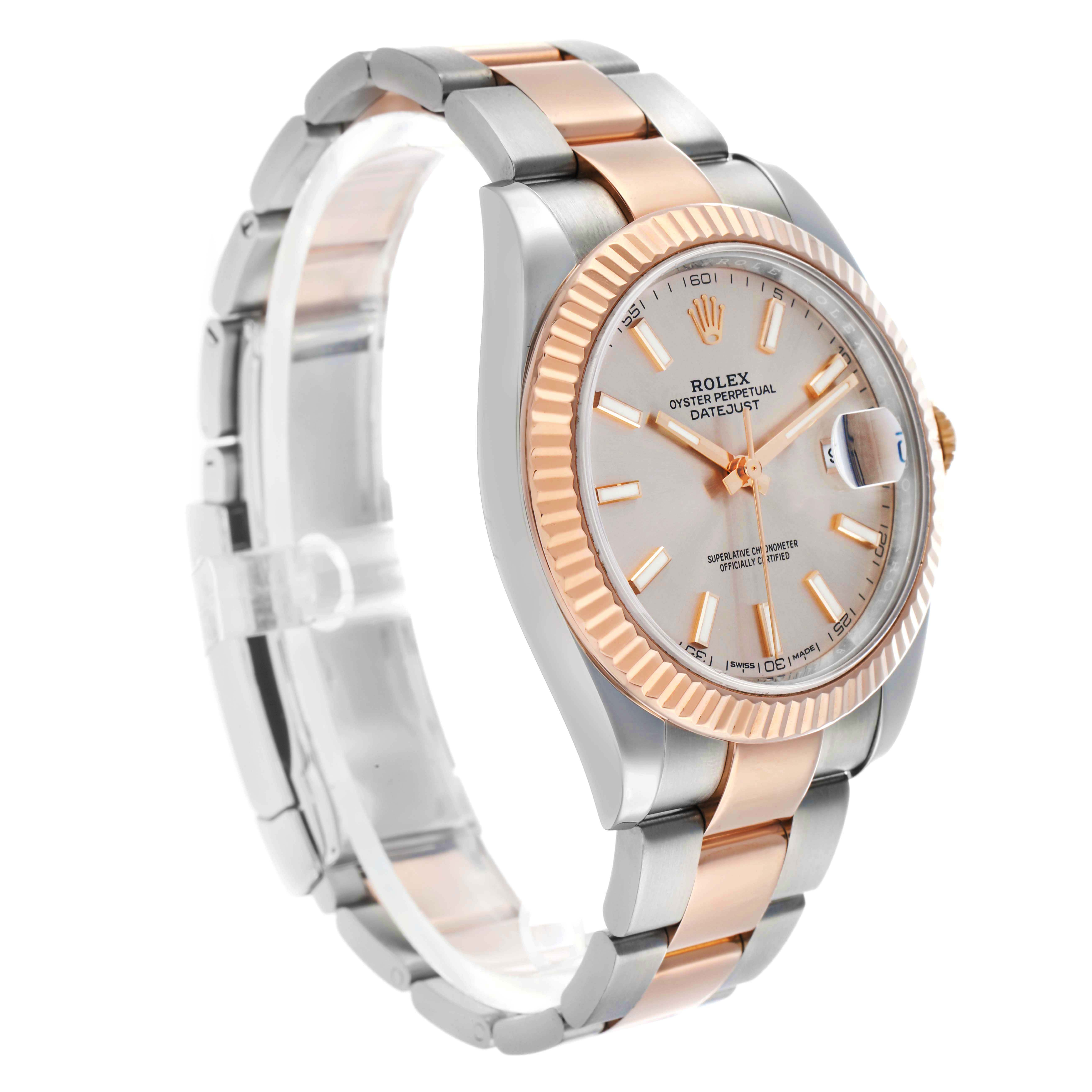 The Rolex Datejust 41 126331 Men
s Steel and Gold (two tone) Pink Dial is shown at a slight side angle, highlighting its two-tone bracelet, fluted bezel, and silver dial.