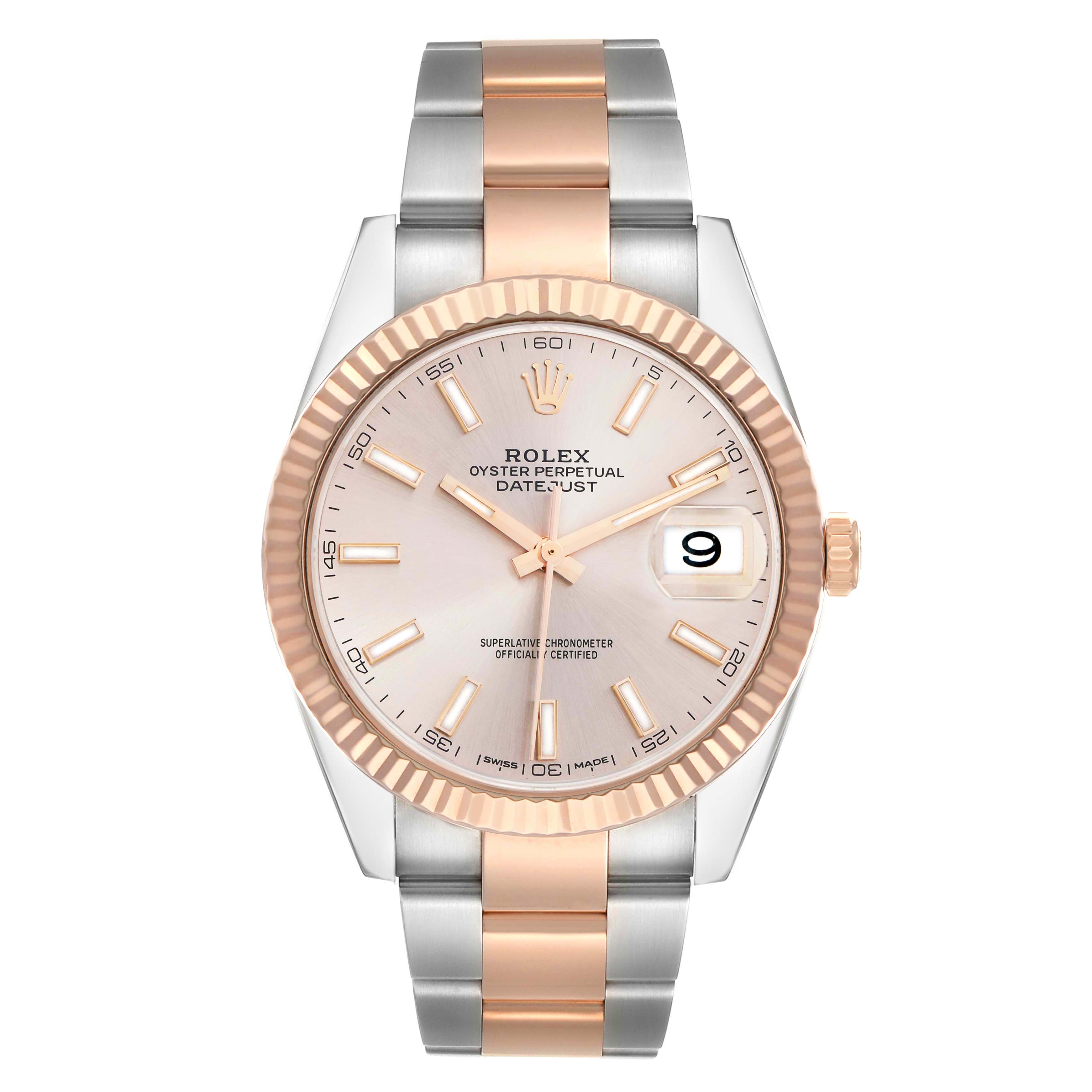The Rolex Datejust 41 126331 Men
s Steel and Gold (two tone) Pink Dial is shown from the front, highlighting the dial, fluted bezel, bracelet, and crown.