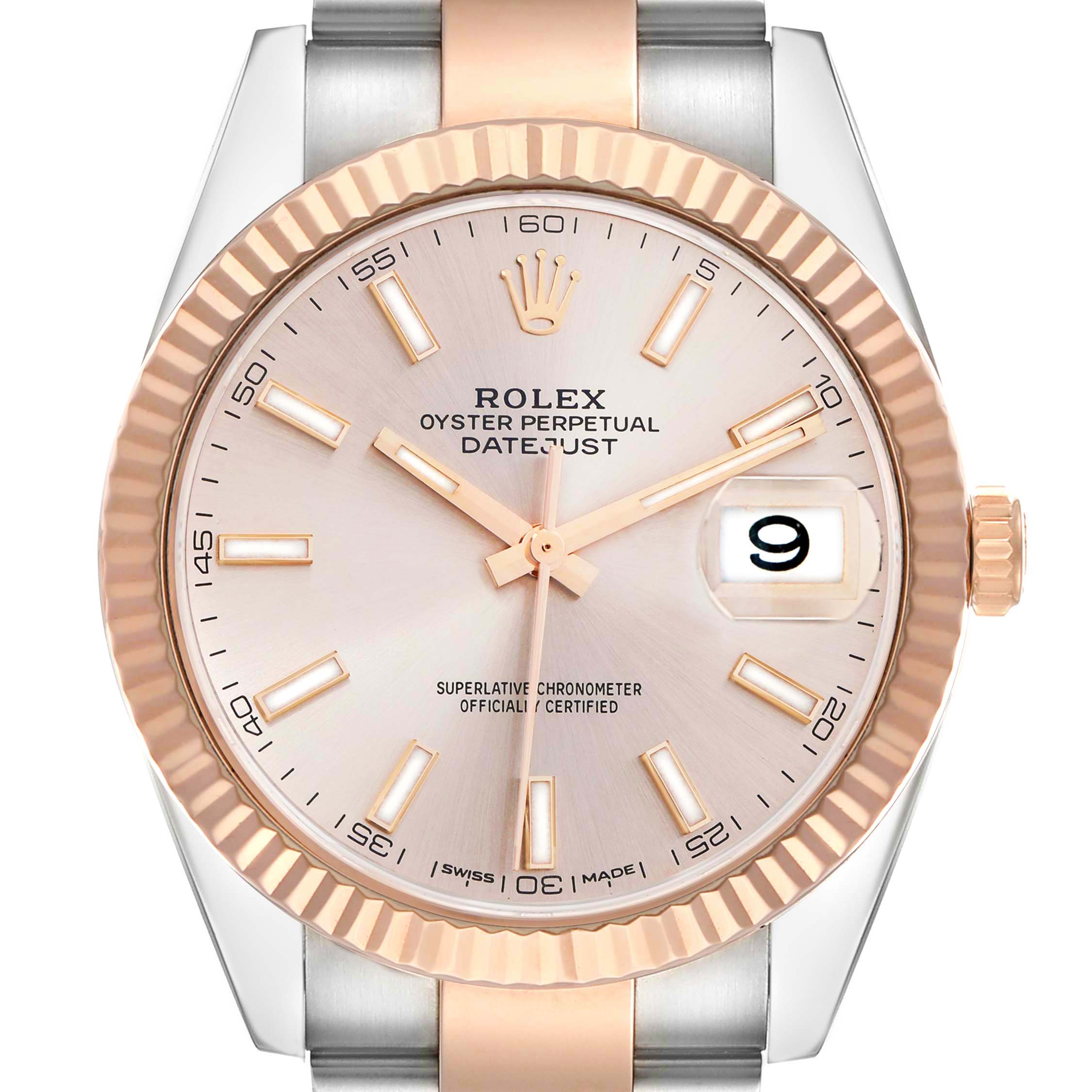The image shows a front view of the Rolex Datejust 41 126331 Men
s Steel and Gold (two tone) Pink Dial, highlighting the dial, fluted bezel, and crown, with a focus on the date window.