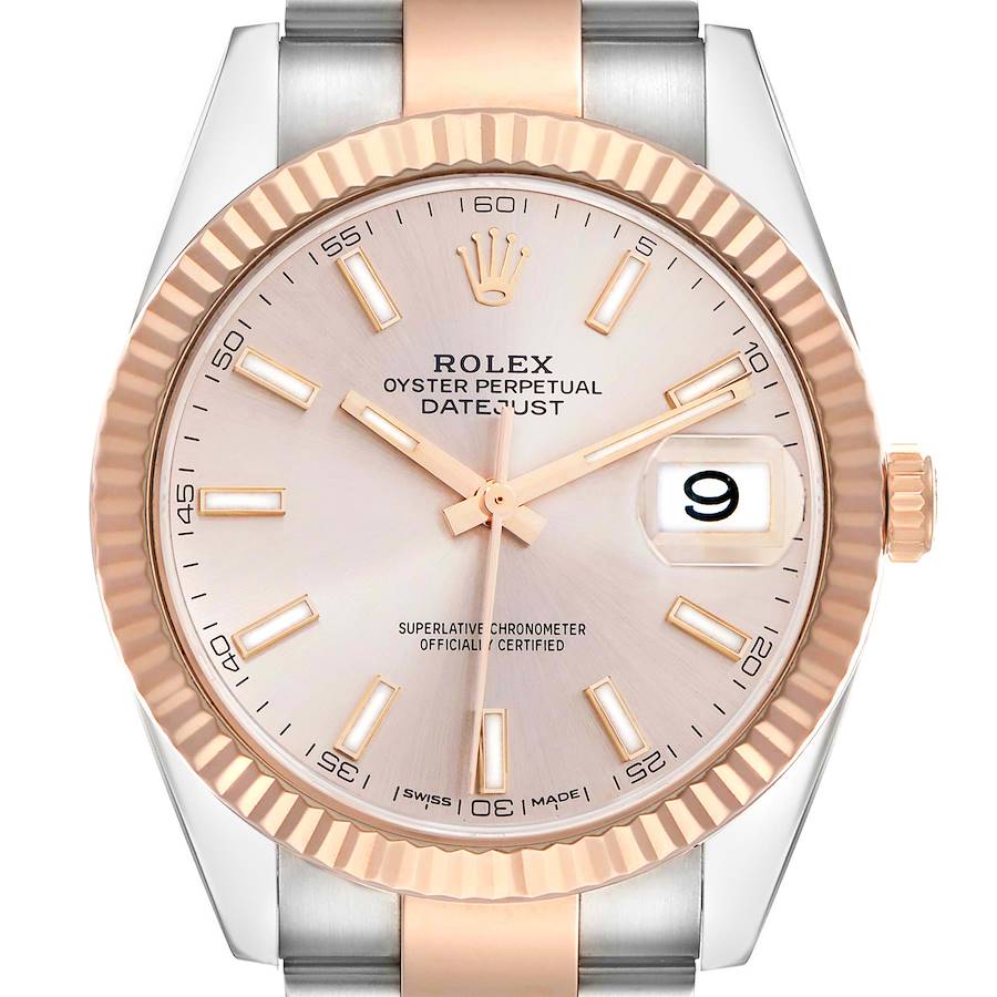 The image shows a front view of the Rolex Datejust 41 126331 Men's Steel and Gold (two tone) Pink Dial, highlighting the dial, fluted bezel, and crown, with a focus on the date window.
