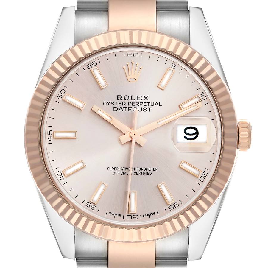 The image shows a frontal view of the Rolex Datejust 41 126331 Men's Steel and Gold (two tone) Pink Dial, highlighting the dial, fluted bezel, and part of the bracelet.