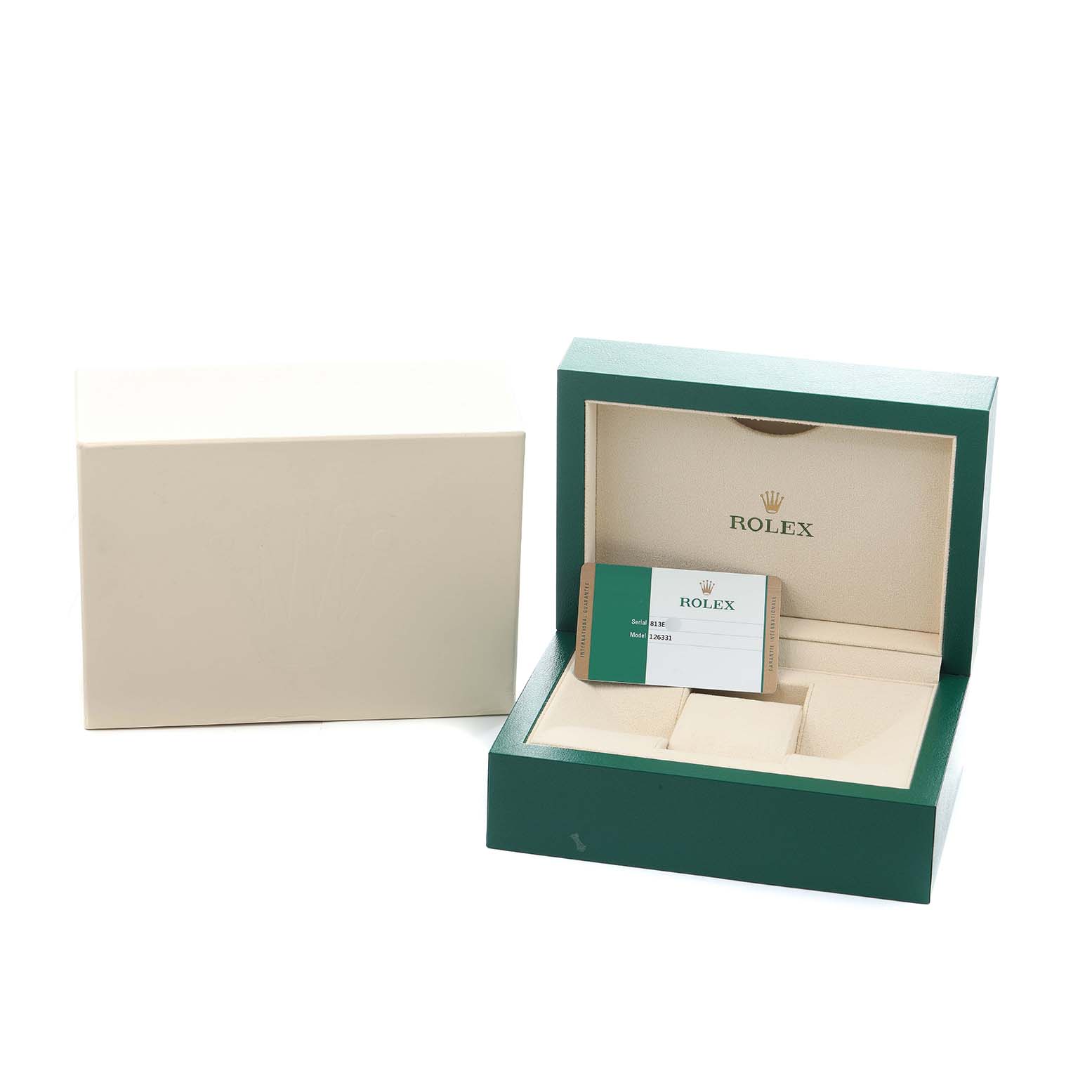 The image shows a Rolex Datejust 41 126331 Men
s Steel and Gold (two tone) Pink Dial packaging, including a green watch box and an Best Quality
ity card.