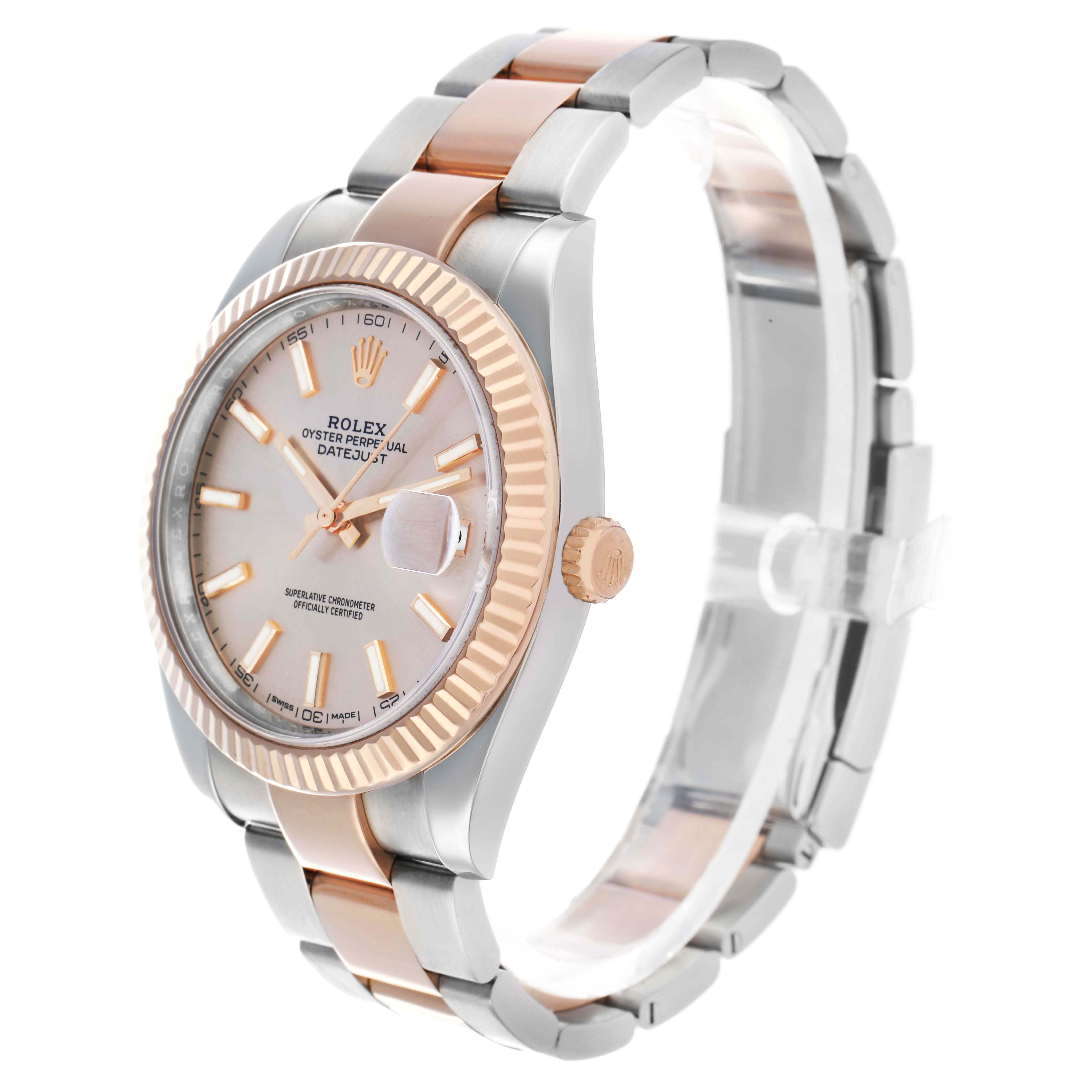 The Rolex Datejust 41 126331 Men
s Steel and Gold (two tone) Pink Dial is shown at a three-quarter angle, highlighting the dial, bezel, crown, and bracelet.