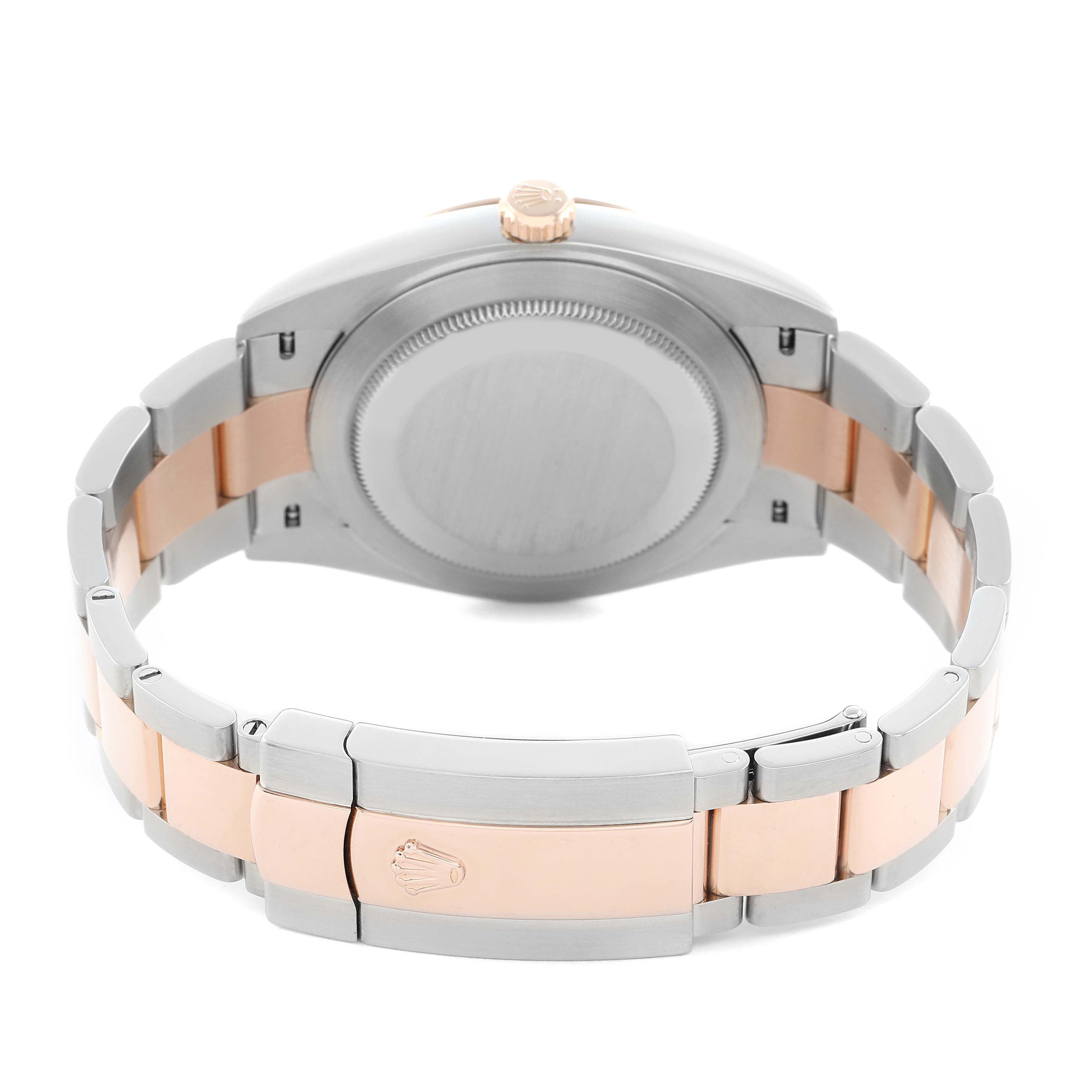 The image shows the backside of a Rolex Datejust 41 126331 Men
s Steel and Gold (two tone) Pink Dial, highlighting the case back, crown, and two-tone bracelet with the clasp.