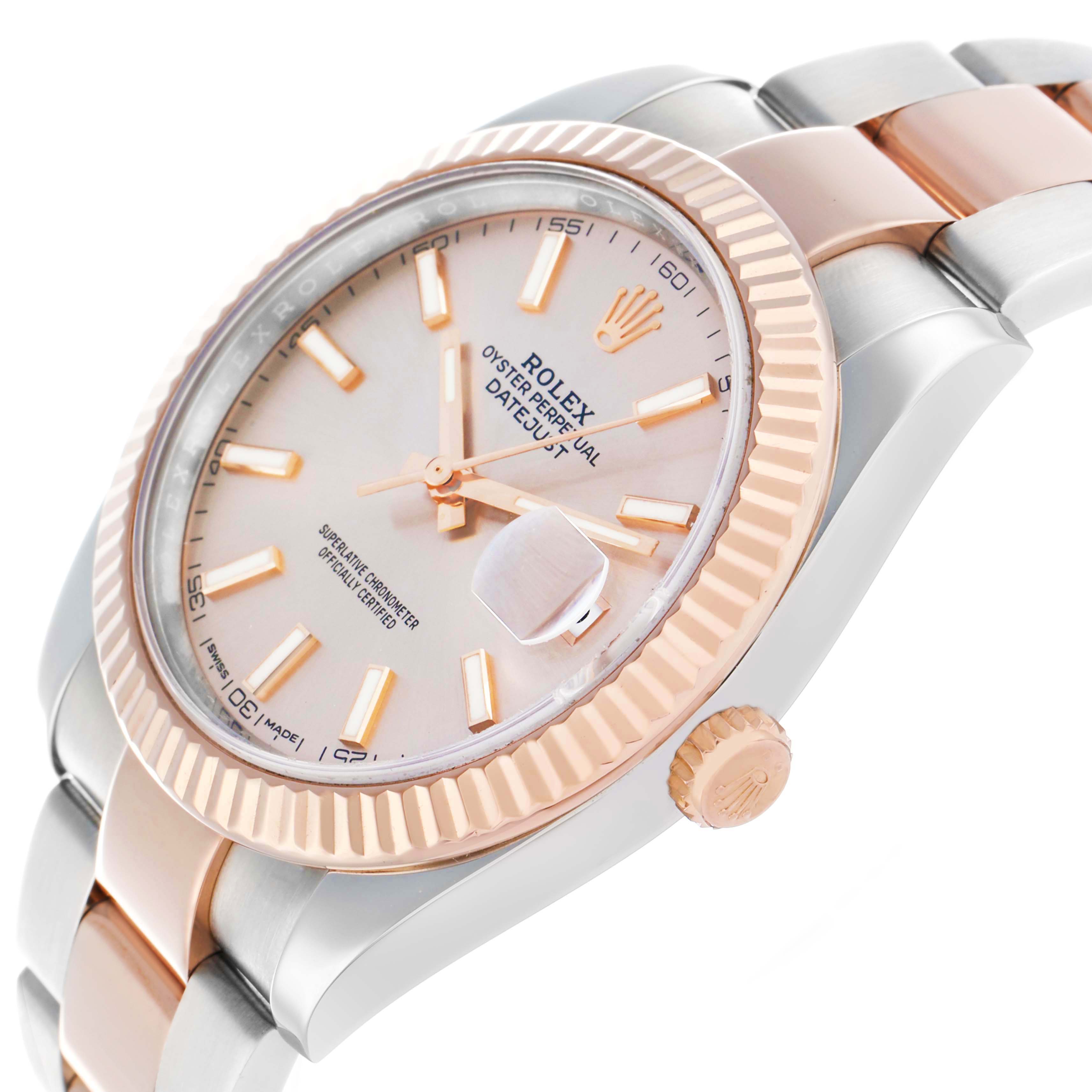 The Rolex Datejust 41 126331 Men
s Steel and Gold (two tone) Pink Dial is shown from a side angle highlighting the face, bezel, crown, and part of the bracelet.