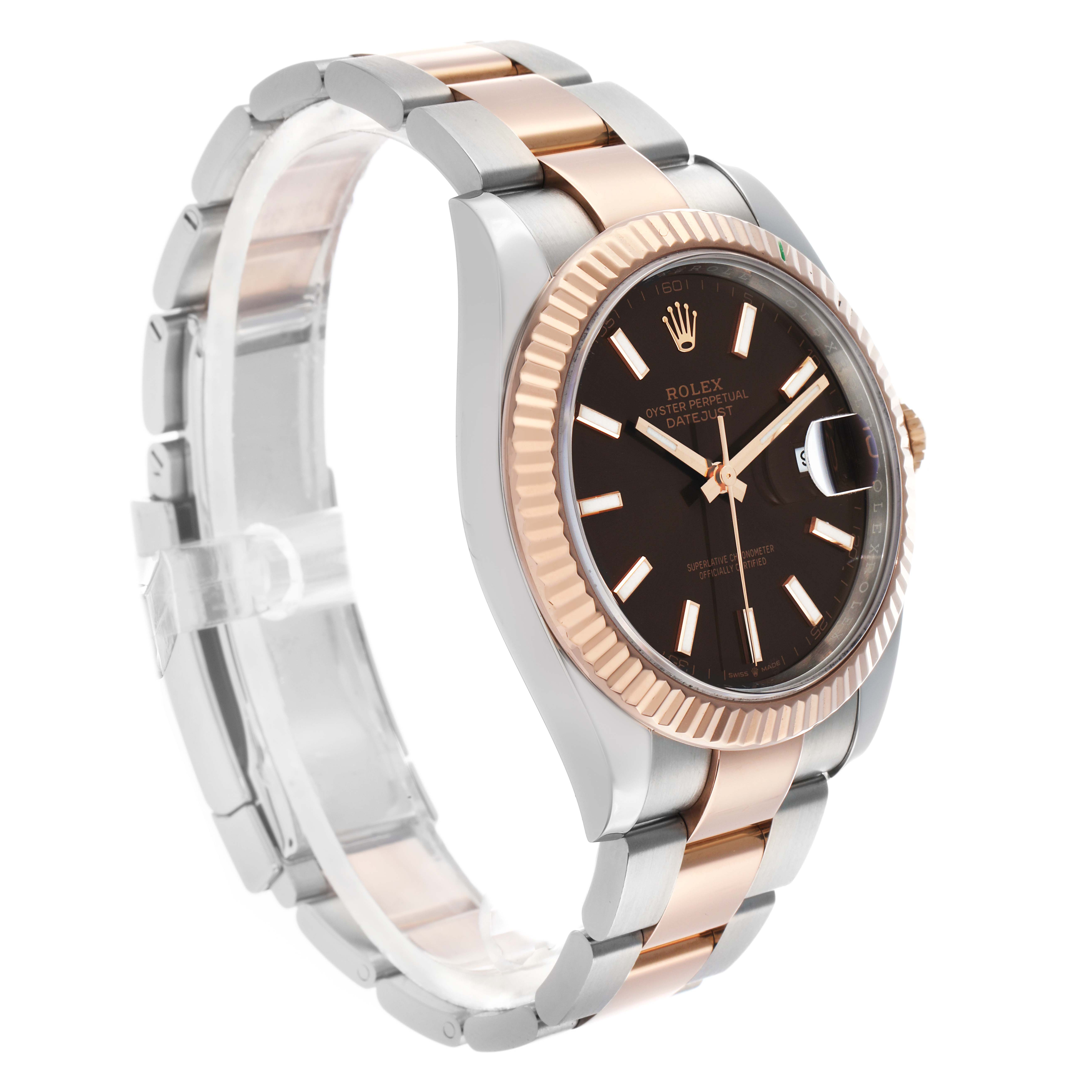 The Rolex Datejust 41 126331 Men
s Steel and Gold (two tone) Brown Dial is shown at a three-quarter angle, highlighting its face, fluted bezel, and two-tone bracelet.