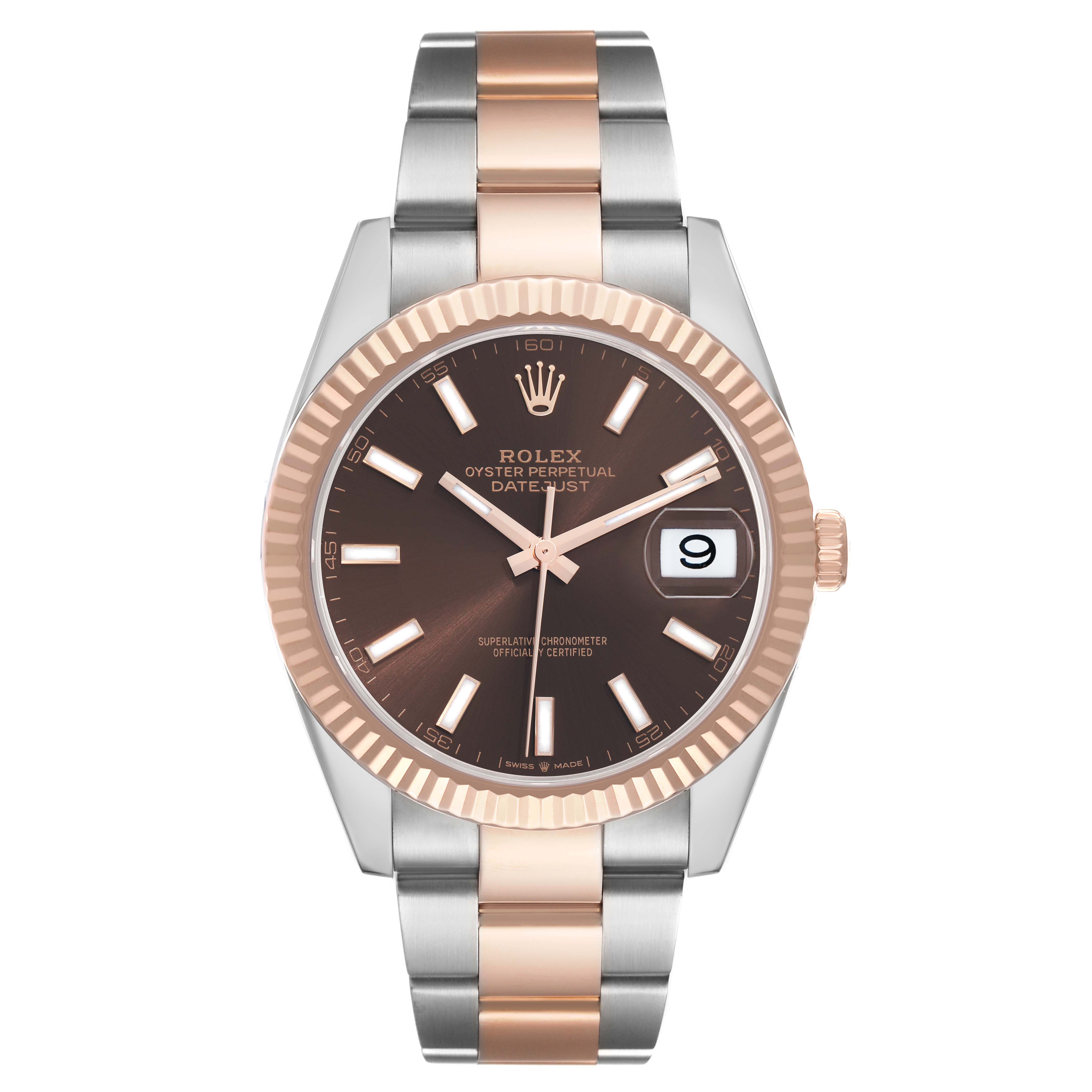 The Rolex Datejust 41 126331 Men
s Steel and Gold (two tone) Brown Dial is shown from a front angle, displaying the face, fluted bezel, crown, and two-tone bracelet.