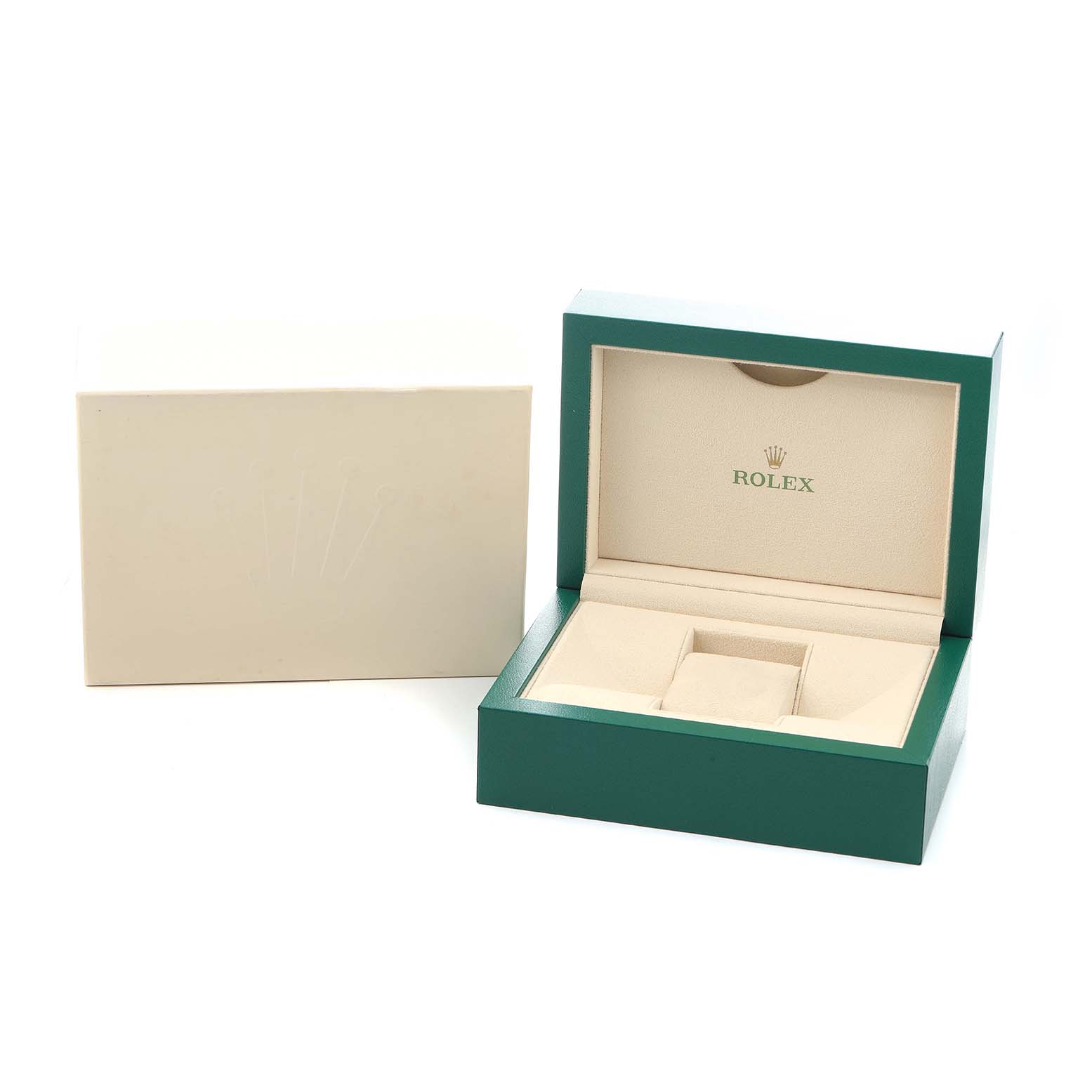 The image shows the open box and outer packaging for a Rolex Datejust 41 126331 Men
s Steel and Gold (two tone) Brown Dial watch.