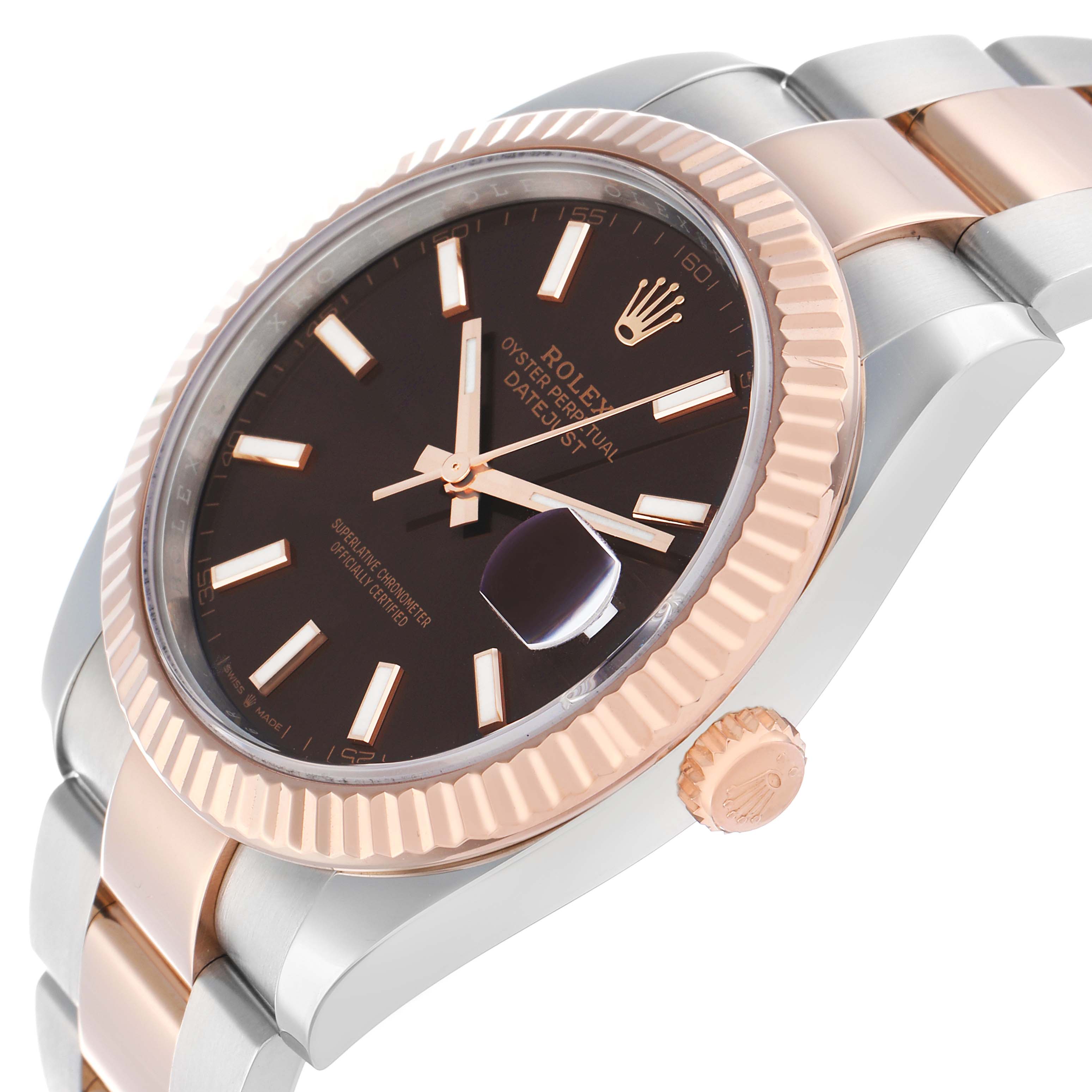 The Rolex Datejust 41 126331 Men
s Steel and Gold (two tone) Brown Dial is shown from a slightly angled side view, highlighting the dial, bezel, crown, and bracelet.