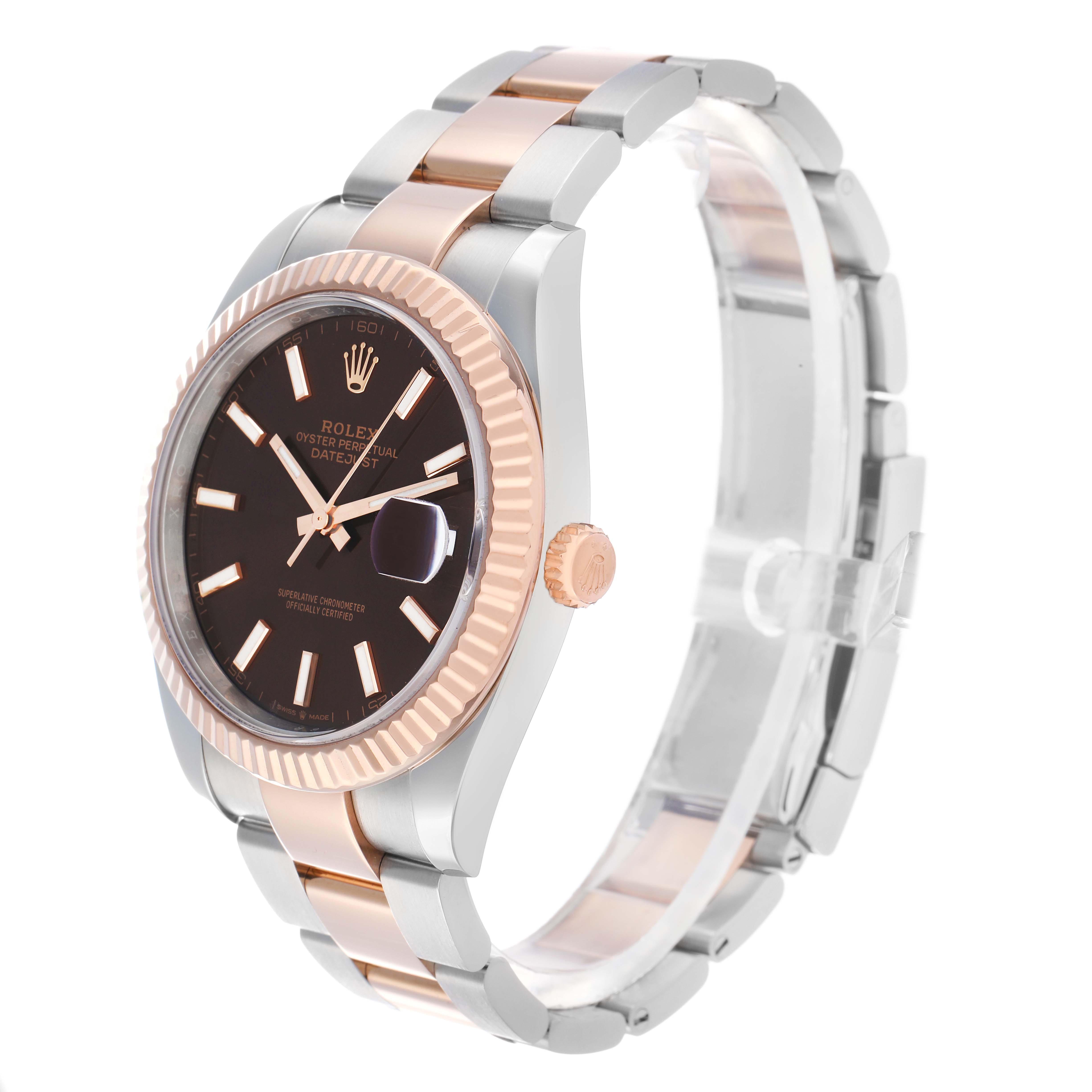 The Rolex Datejust 41 126331 Men
s Steel and Gold (two tone) Brown Dial is shown in a three-quarter angle, highlighting the dial, fluted bezel, and two-tone bracelet.
