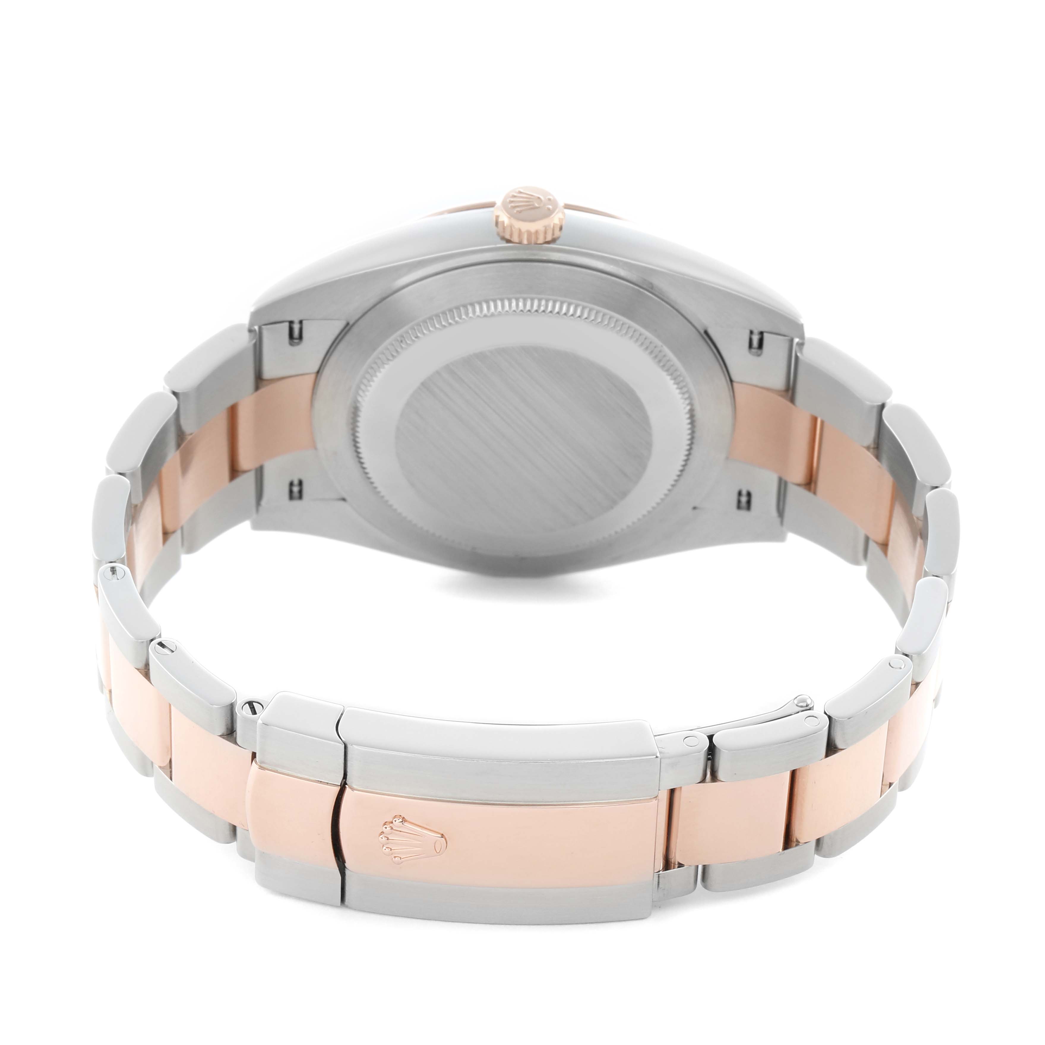 This image shows the back case and bracelet of the Rolex Datejust 41 126331 Men
s Steel and Gold (two tone) Brown Dial, focusing on the clasp and stainless steel and rose gold links.