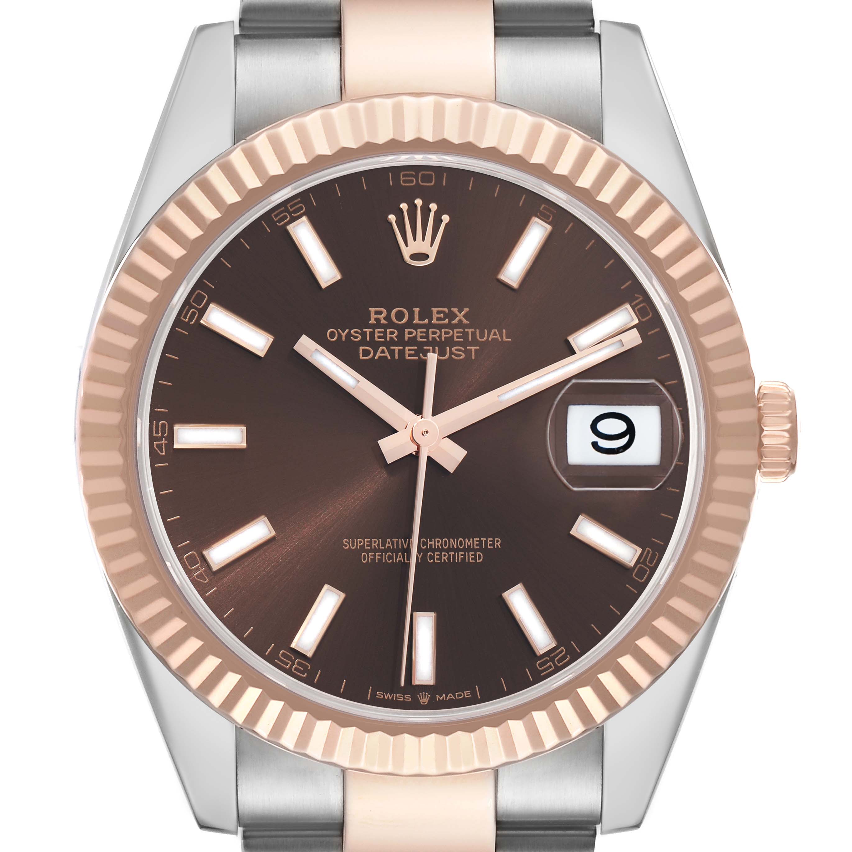 The Rolex Datejust 41 126331 Men
s Steel and Gold (two tone) Brown Dial watch is shown from a front angle, highlighting the dial, hands, bezel, and part of the bracelet.