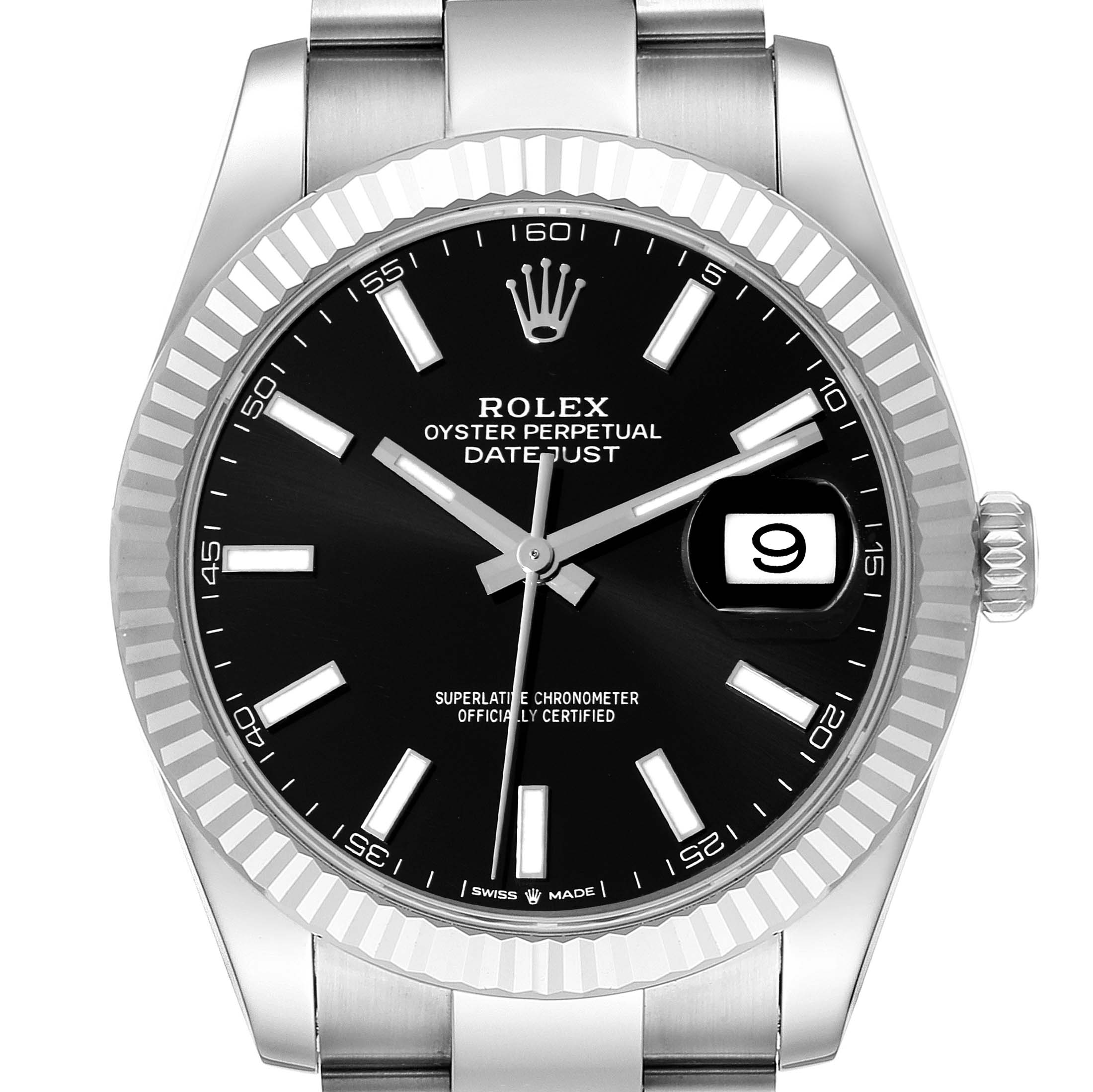 This image shows a front view of the Rolex Datejust 41 126334 Men
s Stainless Steel Black Dial 126334 Men
s Stainless Steel Black Dial watch, highlighting the dial, bezel, hands, and date window.