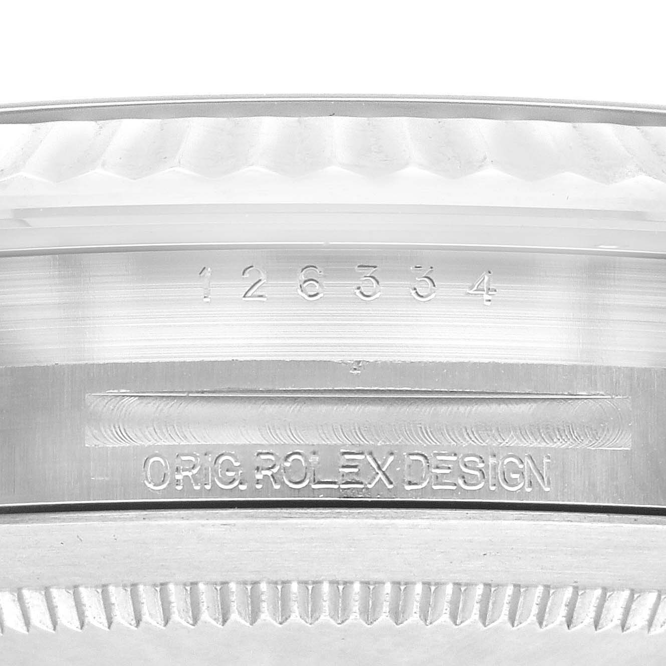 The image shows a close-up of the case and bezel, highlighting the model number and "ORIG ROLEX DESIGN" engraving on the Rolex Datejust 41 126334 Men
s Stainless Steel Black Dial 126334 Men
s Stainless Steel Black Dial.