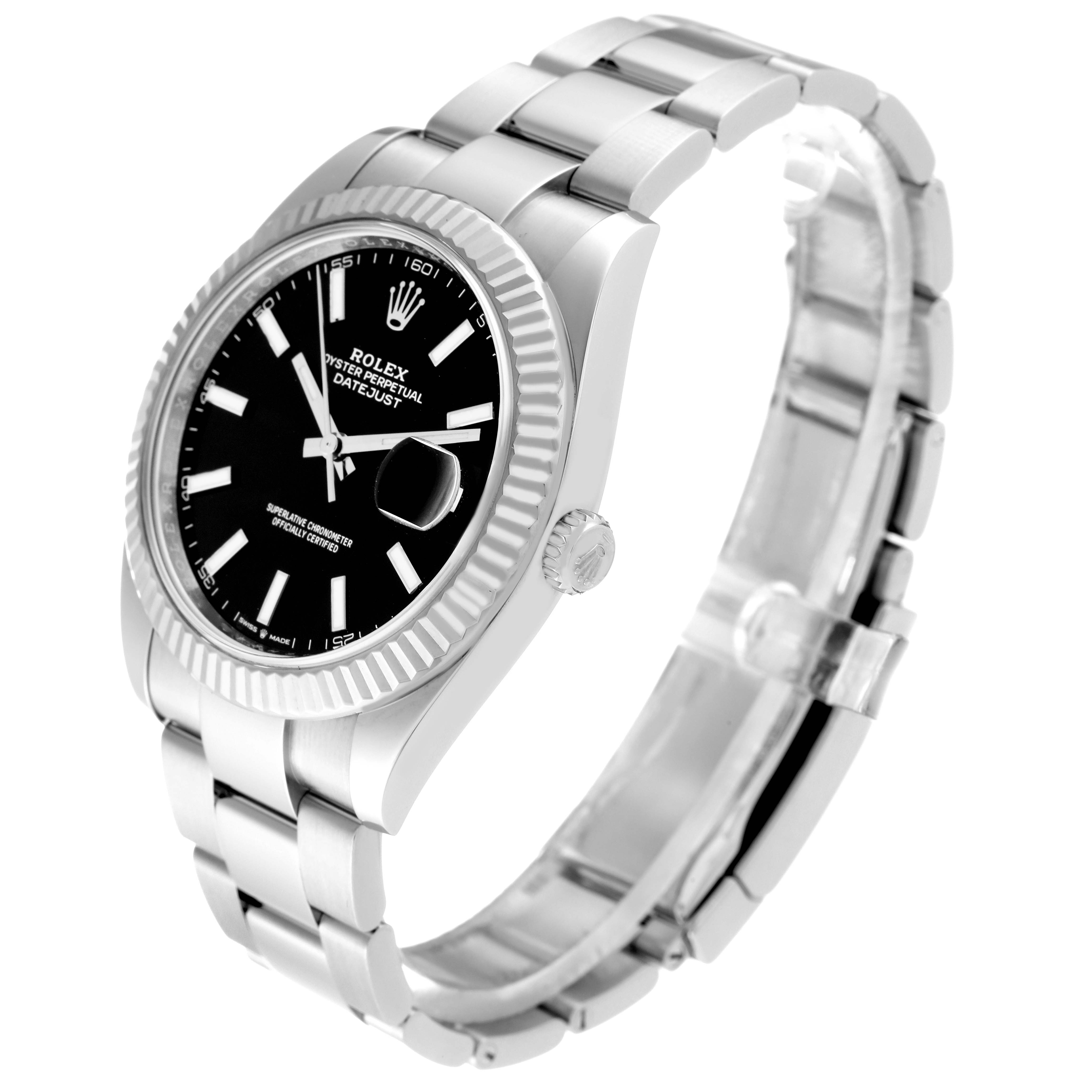 This image shows a Rolex Datejust 41 126334 Men
s Stainless Steel Black Dial 126334 Men
s Stainless Steel Black Dial model from an angled view, highlighting the dial, bezel, crown, and bracelet.