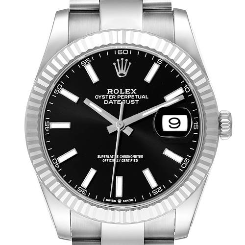 The image shows a frontal view of the Rolex Datejust 41 watch, displaying its black dial, fluted bezel, and date window.