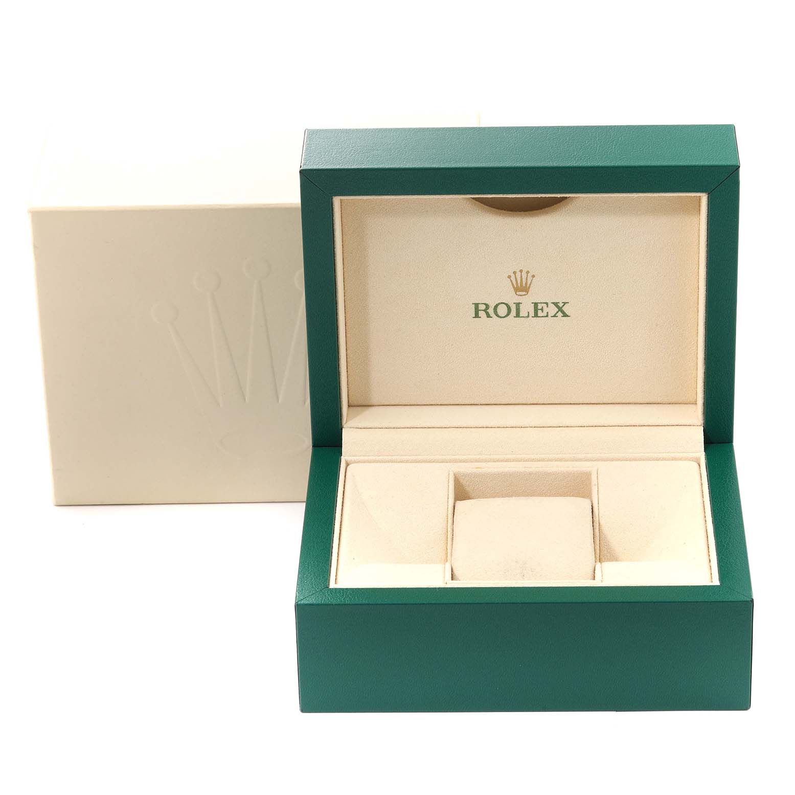 The image shows an open Rolex box, specifically for the Datejust 41 model, with the cushion and outer box visible.