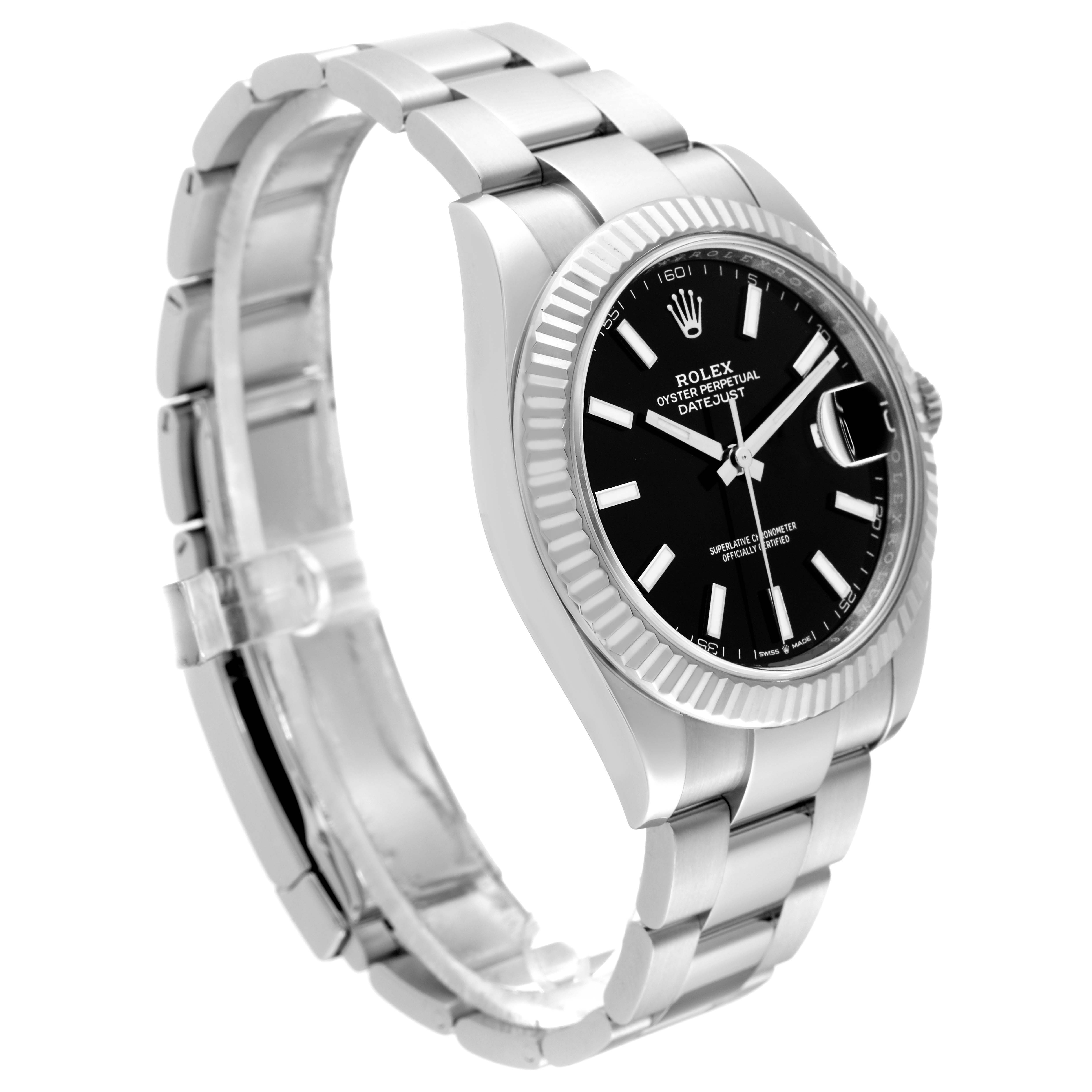 The image shows a Rolex Datejust 41 126334 Men
s Stainless Steel Black Dial 126334 Men
s Stainless Steel Black Dial model watch at a three-quarter angle, highlighting the bracelet, case, and black dial.