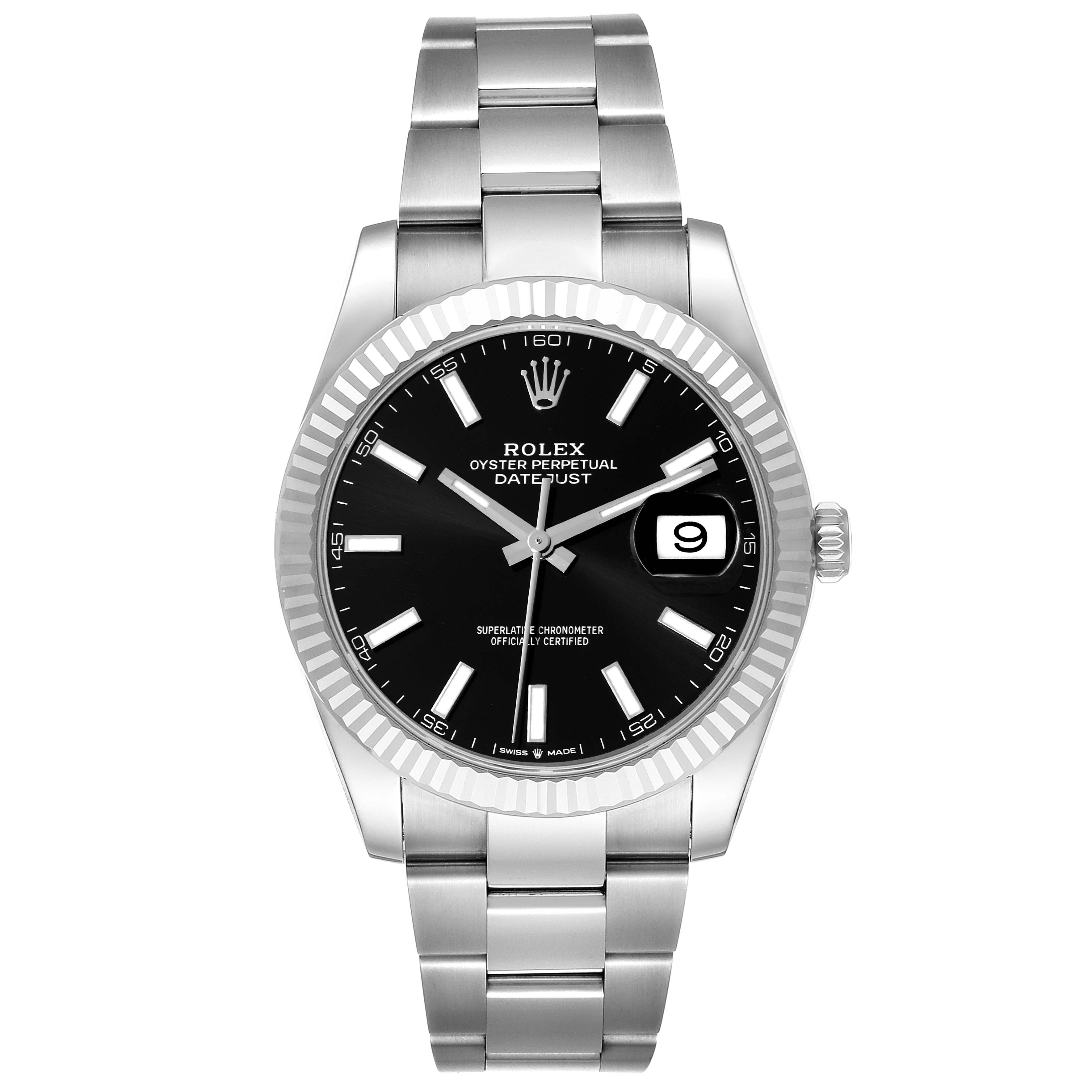 The image shows a front view of the Rolex Datejust 41 126334 Men
s Stainless Steel Black Dial 126334 Men
s Stainless Steel Black Dial, showcasing its bracelet, bezel, dial, and date window.