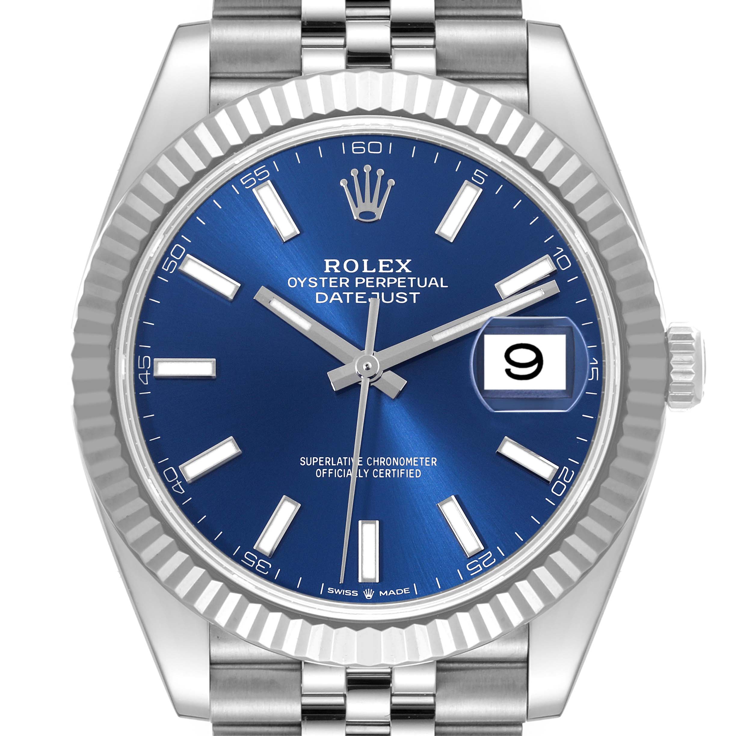 This image shows a front view of a Rolex Datejust 41 126334 Men
s Stainless Steel Blue Dial 126334 Men
s Stainless Steel Blue Dial watch, highlighting the blue dial, date window, and fluted bezel.