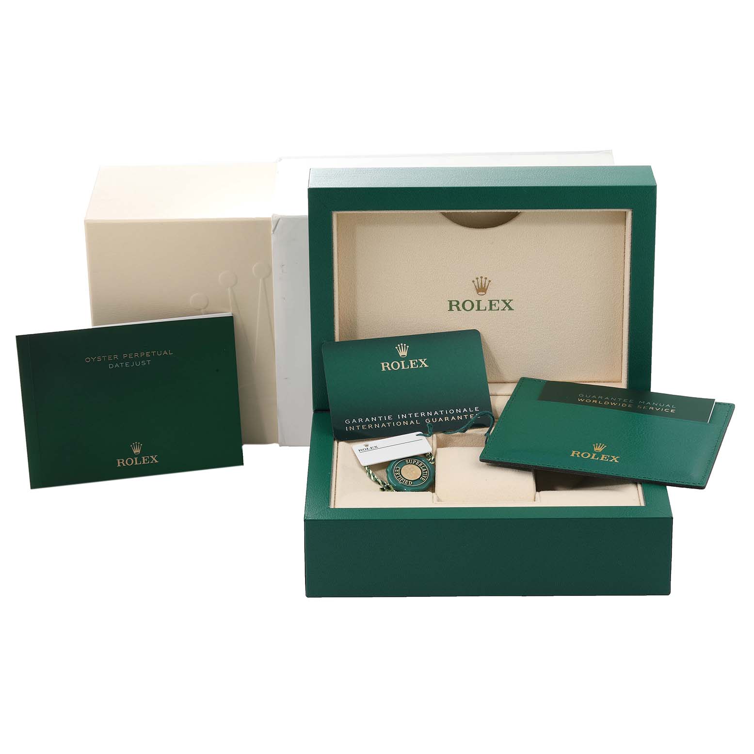 The image shows the packaging, warranty card, manual, and accessories for the Rolex Datejust 41 126334 Men
s Stainless Steel Blue Dial 126334 Men
s Stainless Steel Blue Dial model.