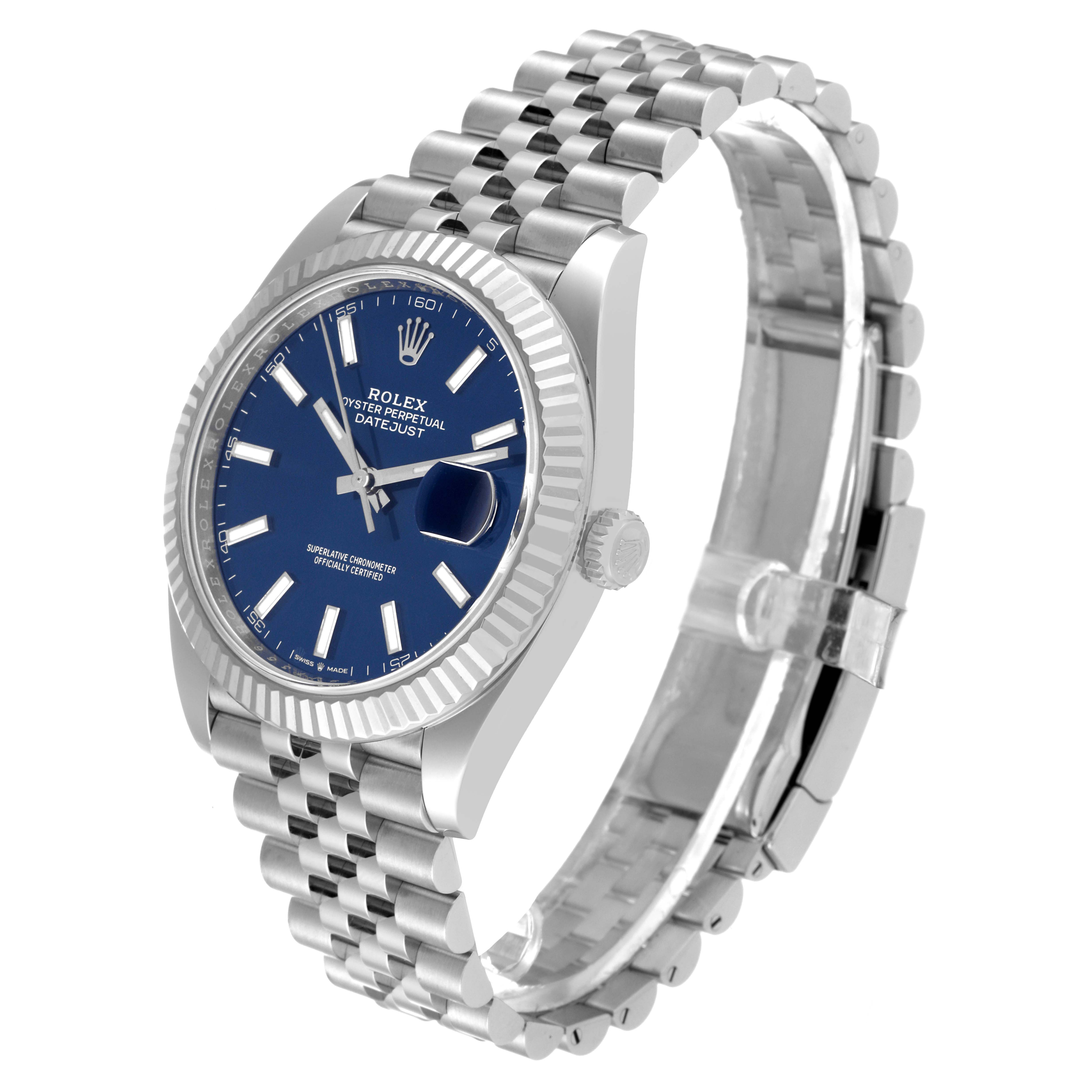 This Rolex Datejust 41 126334 Men
s Stainless Steel Blue Dial 126334 Men
s Stainless Steel Blue Dial model is shown at an angle, highlighting its blue dial, fluted bezel, and Jubilee bracelet.