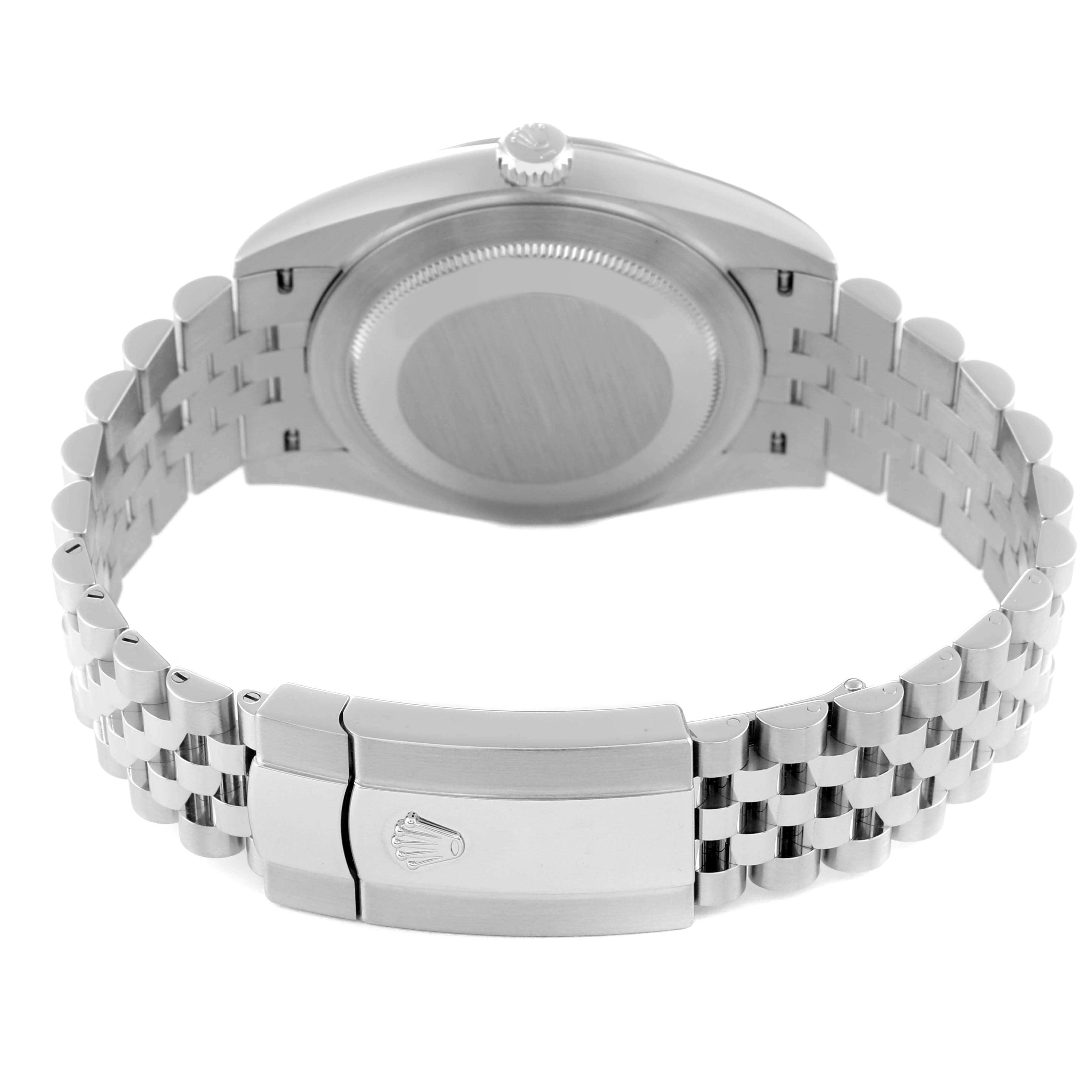 The image shows the back view of the Rolex Datejust 41 126334 Men
s Stainless Steel Blue Dial 126334 Men
s Stainless Steel Blue Dial watch, highlighting its case back, bracelet, and clasp with the Rolex logo.