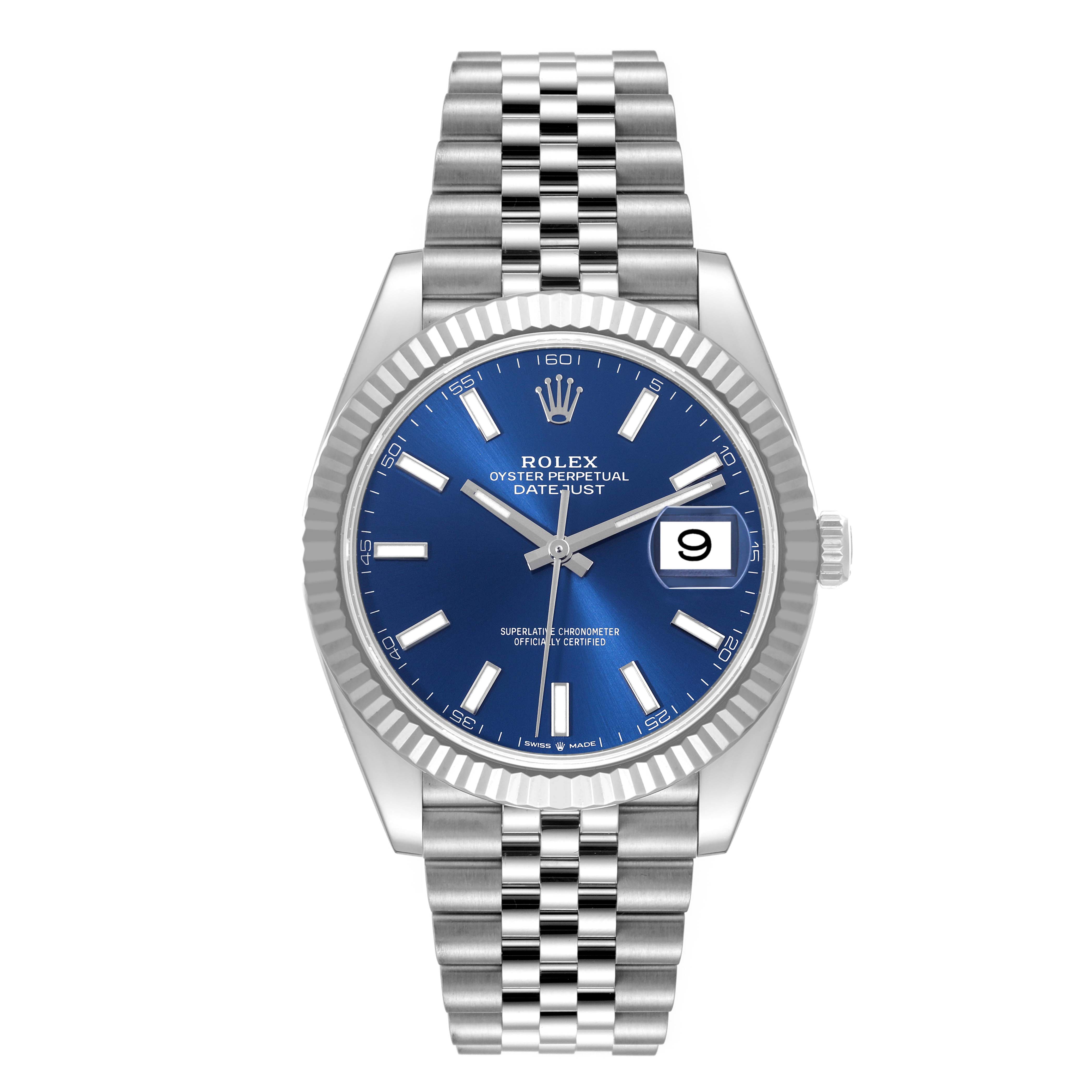 This image shows a Rolex Datejust 41 126334 Men
s Stainless Steel Blue Dial 126334 Men
s Stainless Steel Blue Dial watch from a front angle, highlighting its blue dial, date window, and jubilee bracelet.
