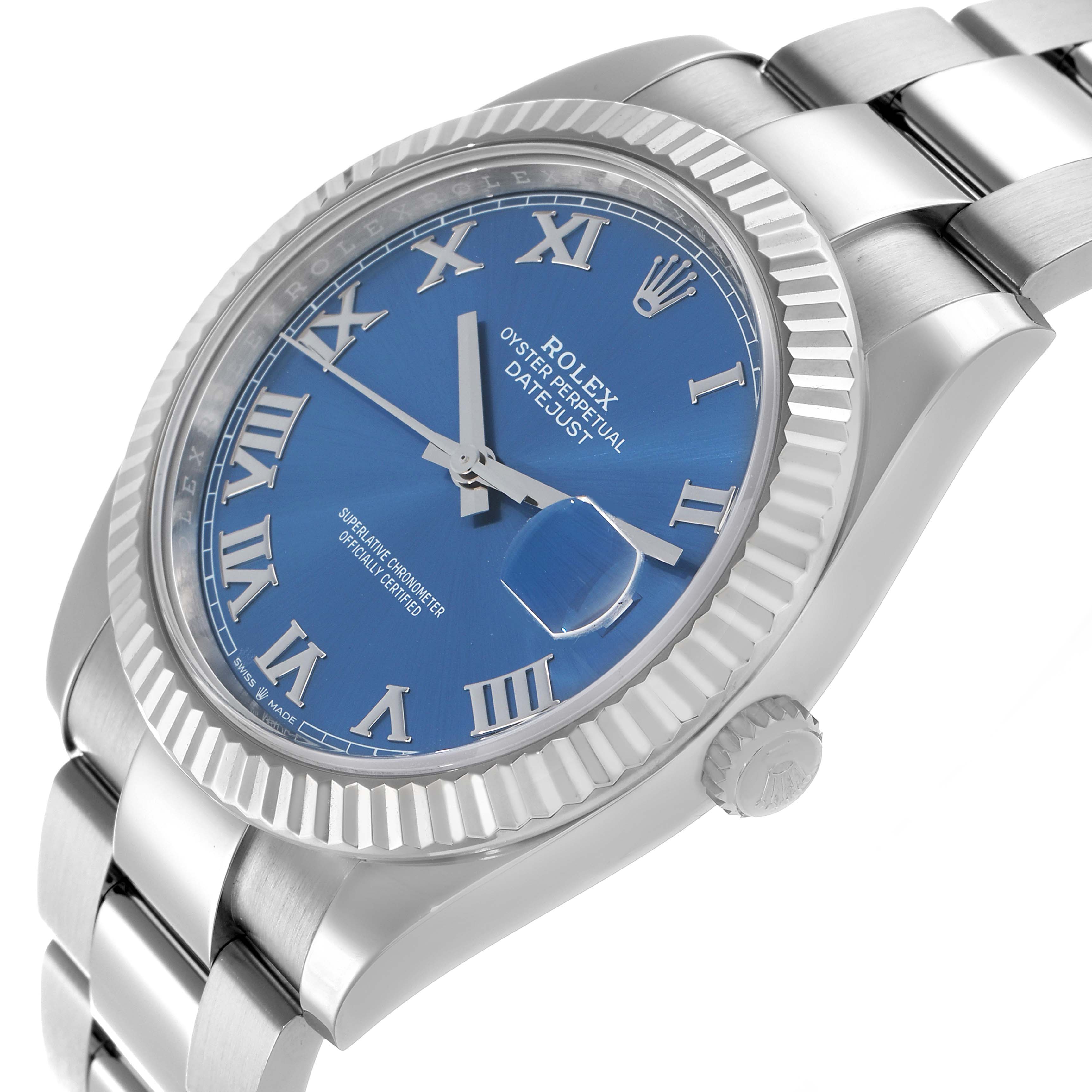 This image shows a side angle of the Rolex Datejust 41 126334 Men's Stainless Steel Blue Dial, displaying the blue dial, Roman numerals, fluted bezel, and part of the bracelet.