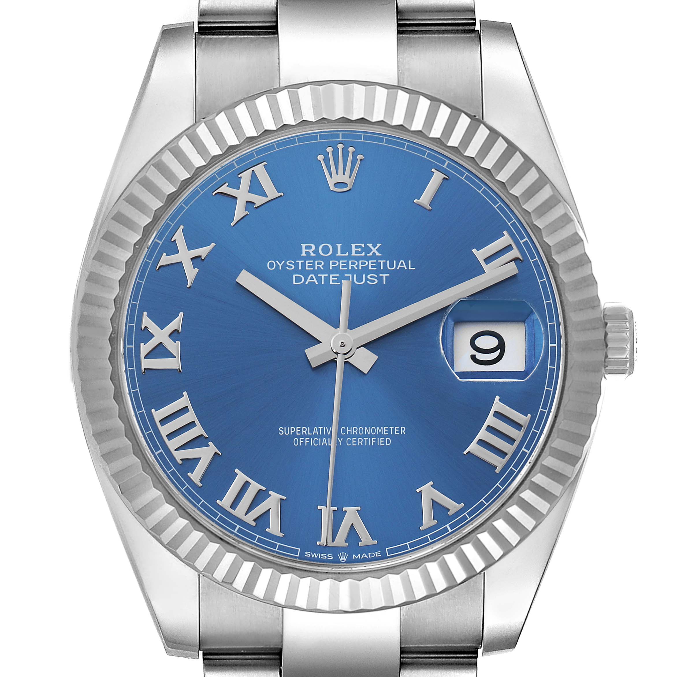 The Rolex Datejust 41 126334 Men's Stainless Steel Blue Dial is shown from a front angle, highlighting the blue dial, Roman numerals, fluted bezel, and date window.