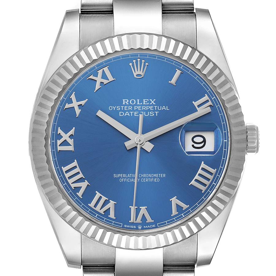 The Rolex Datejust 41 126334 Men's Stainless Steel Blue Dial is shown from a front angle, highlighting the blue dial, Roman numerals, fluted bezel, and date window.
