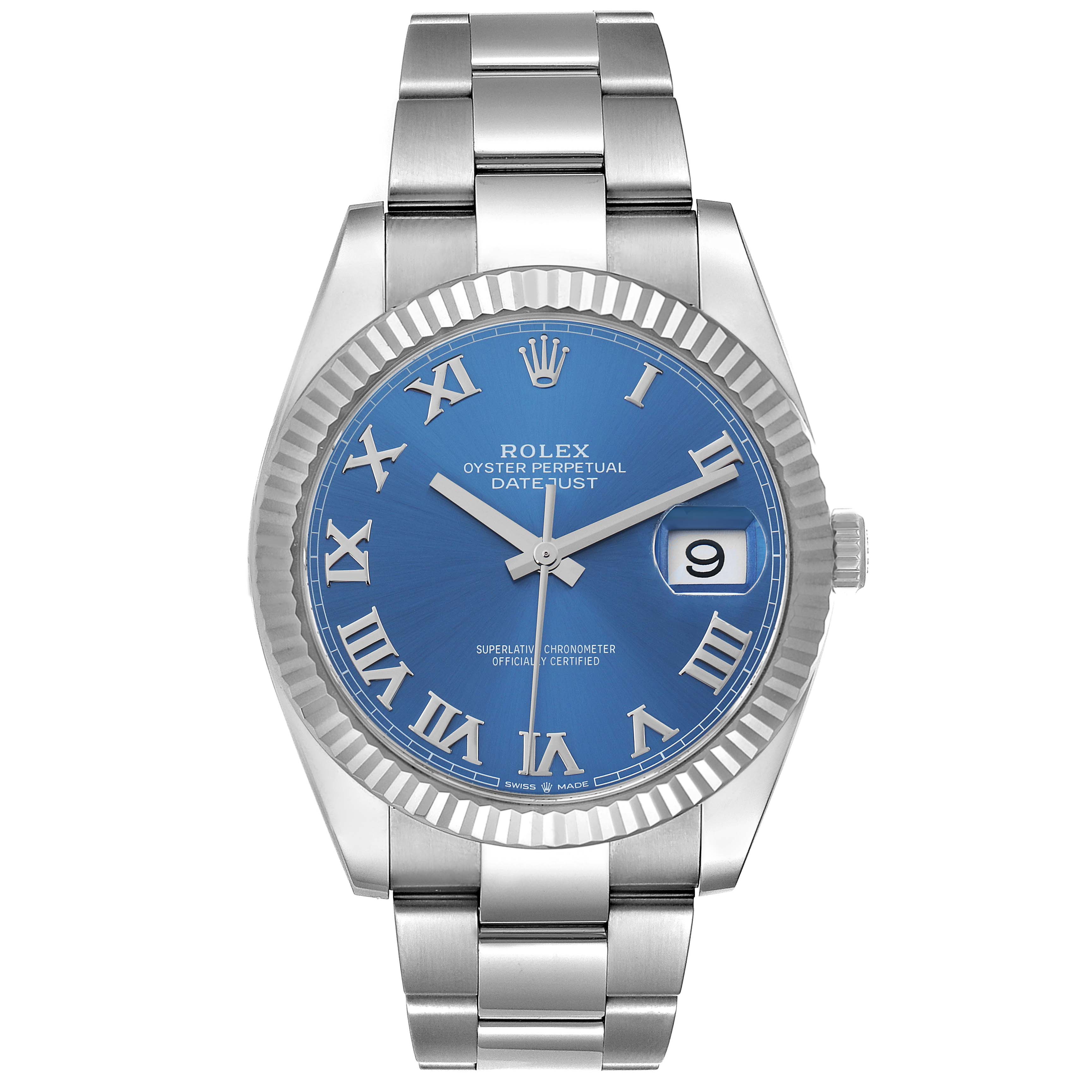 The Rolex Datejust 41 126334 Men's Stainless Steel Blue Dial is shown from a front angle highlighting its blue dial, Roman numerals, fluted bezel, and oyster bracelet.