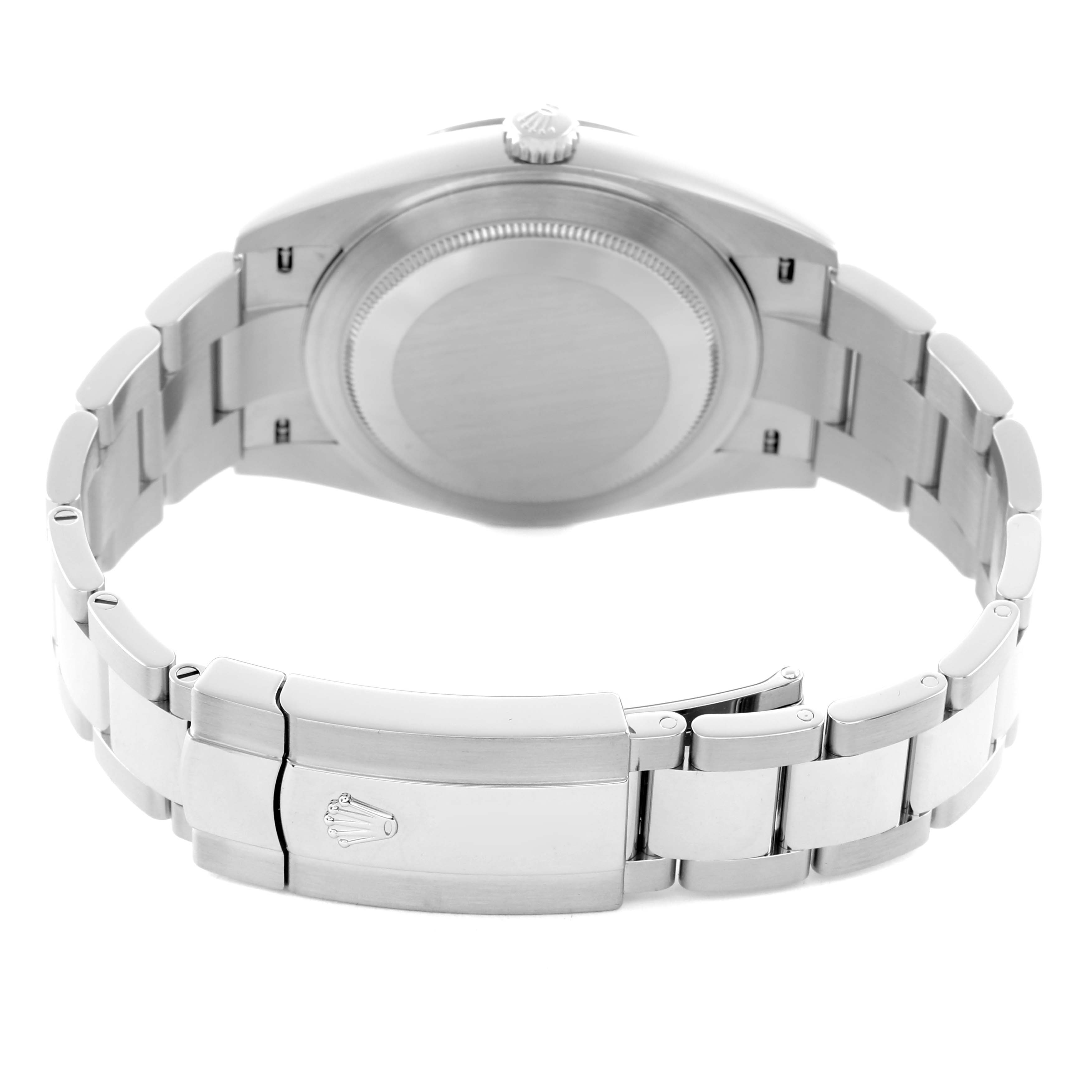 The image shows the Rolex Datejust 41 126334 Men's Stainless Steel Blue Dial from the rear, displaying the clasp, bracelet, and case back.