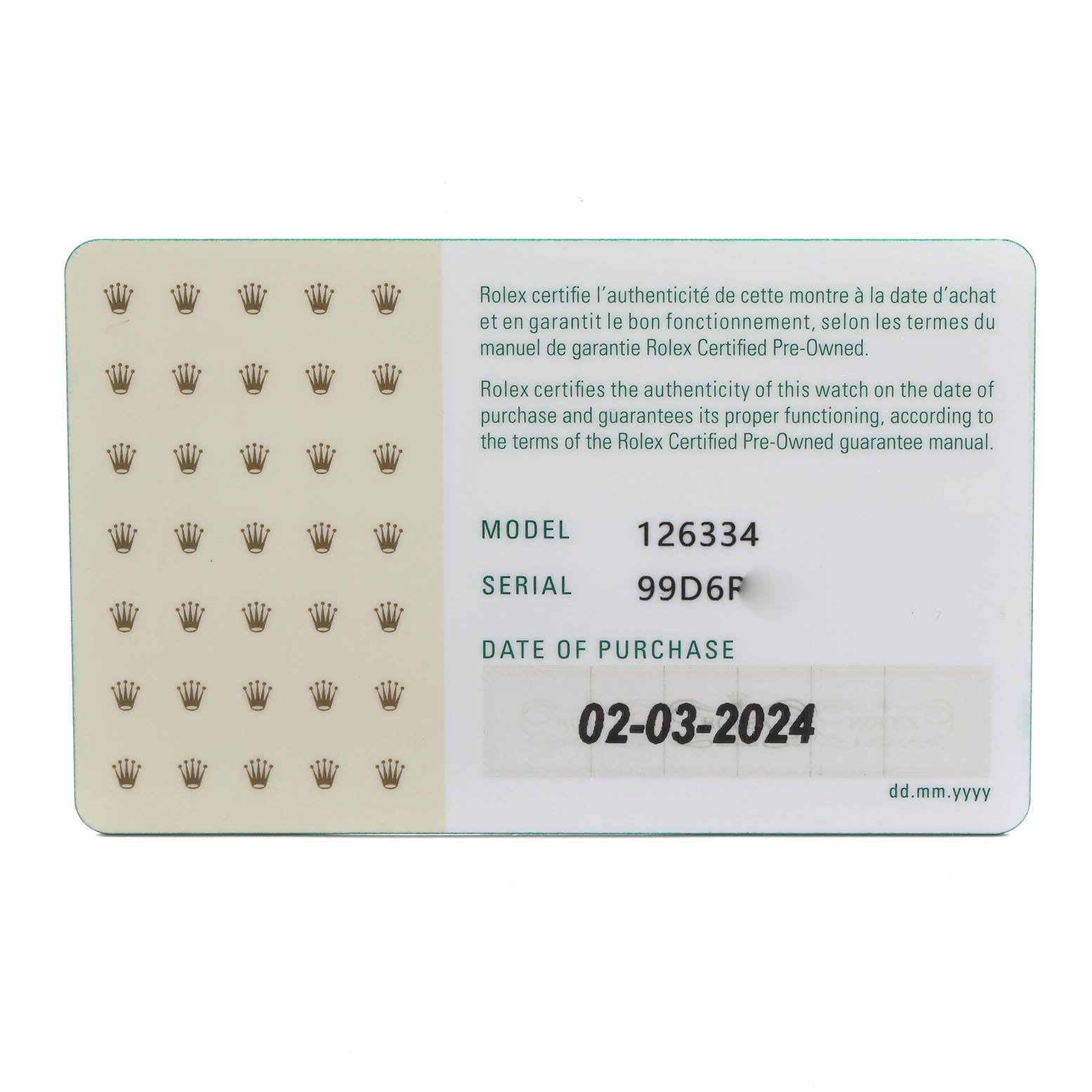 This image shows the warranty card for the Rolex Datejust 41 126334 Men's Stainless Steel Blue Dial, displaying model, serial number, and purchase date.