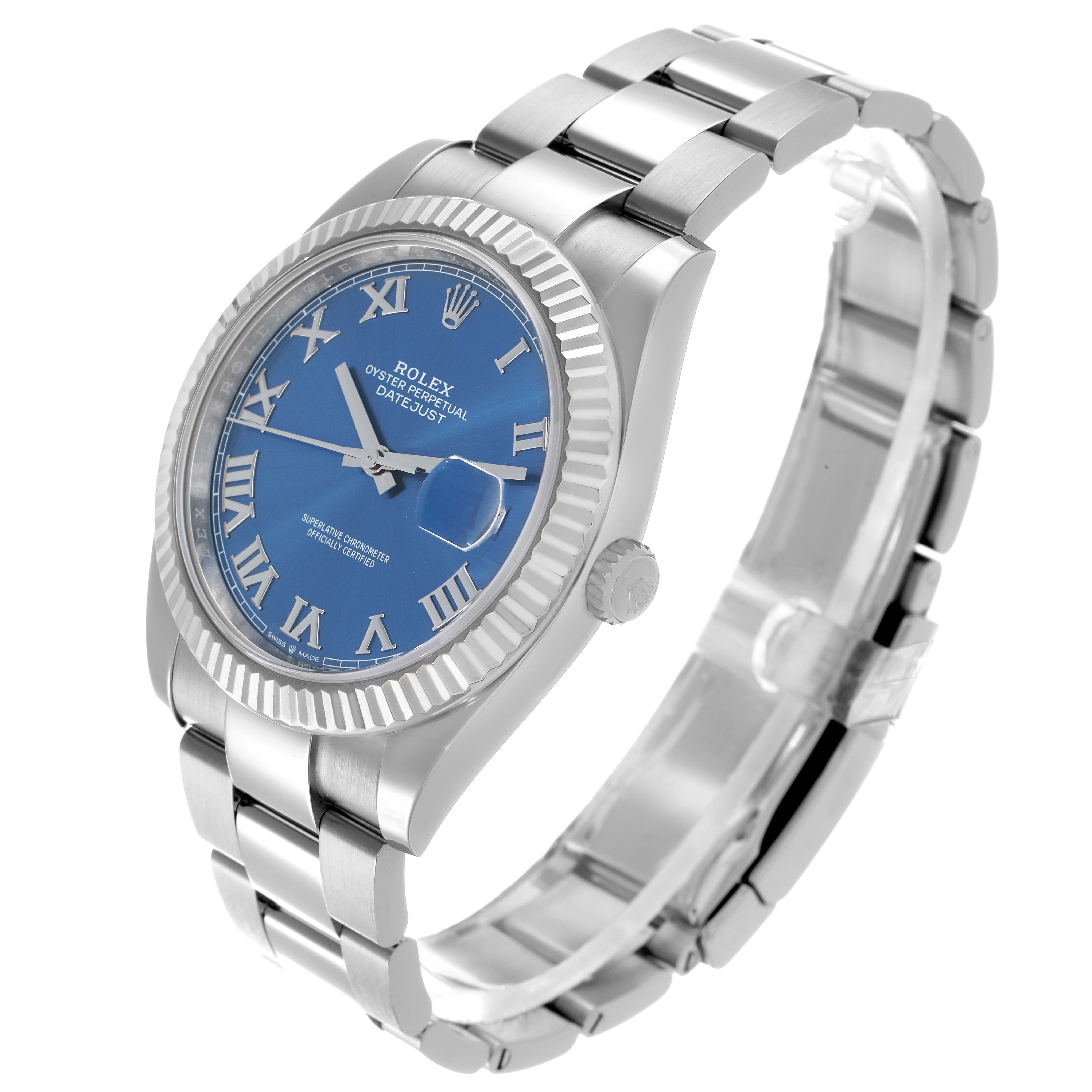 The Rolex Datejust 41 126334 Men's Stainless Steel Blue Dial is shown at a three-quarter angle, displaying the blue dial, fluted bezel, crown, and part of the bracelet.