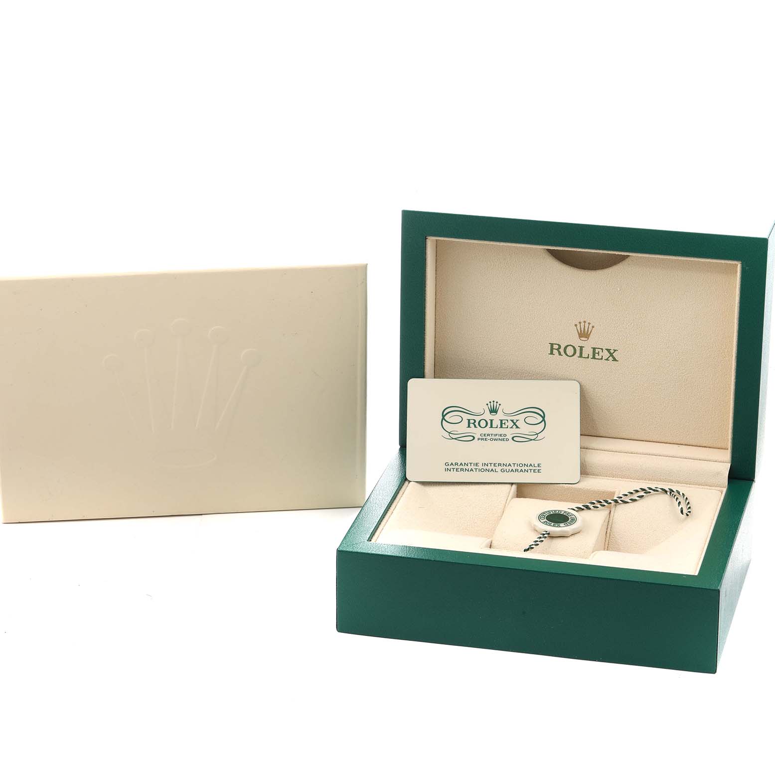 The image shows a Rolex Datejust 41 126334 Men's Stainless Steel Blue Dial box with the international guarantee card and hang tag, but the watch itself is not visible.