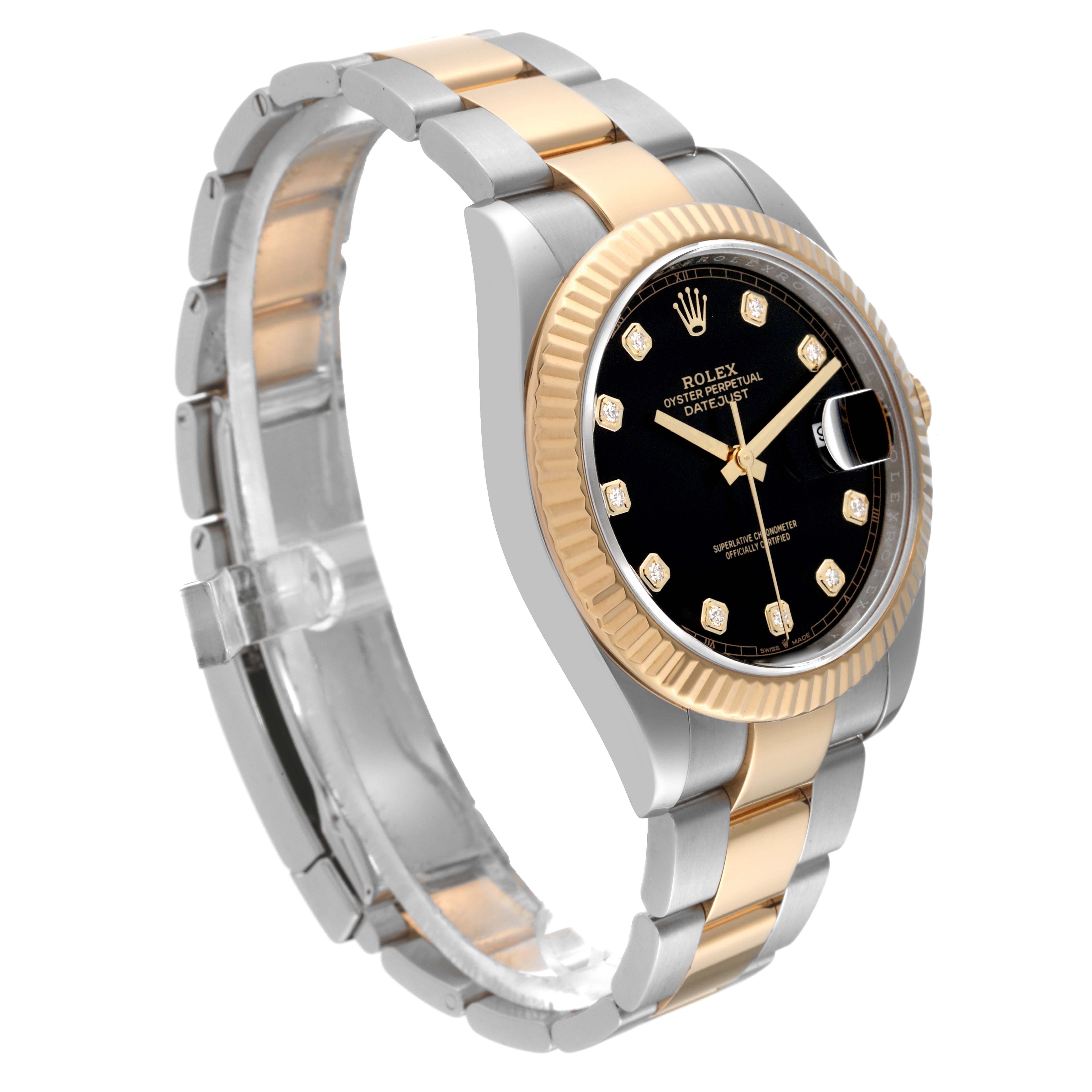The Rolex Datejust 41 126333 Men's Steel and Gold (two tone) Black Dial 126333 Men's Steel and Gold (two tone) Black Dial watch is shown at an angled view, featuring its two-tone bracelet, black dial, and fluted bezel.