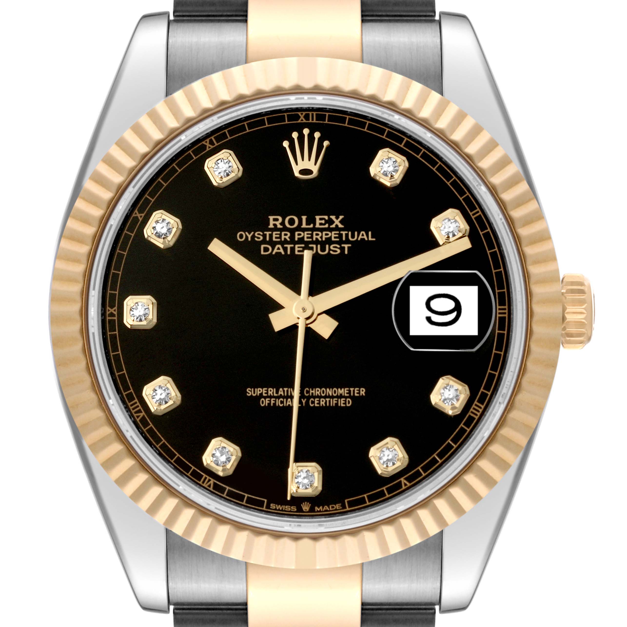 This image shows the face and bezel of a Rolex Datejust 41 126333 Men's Steel and Gold (two tone) Black Dial 126333 Men's Steel and Gold (two tone) Black Dial watch, featuring a black dial with diamond hour markers and gold detailing.